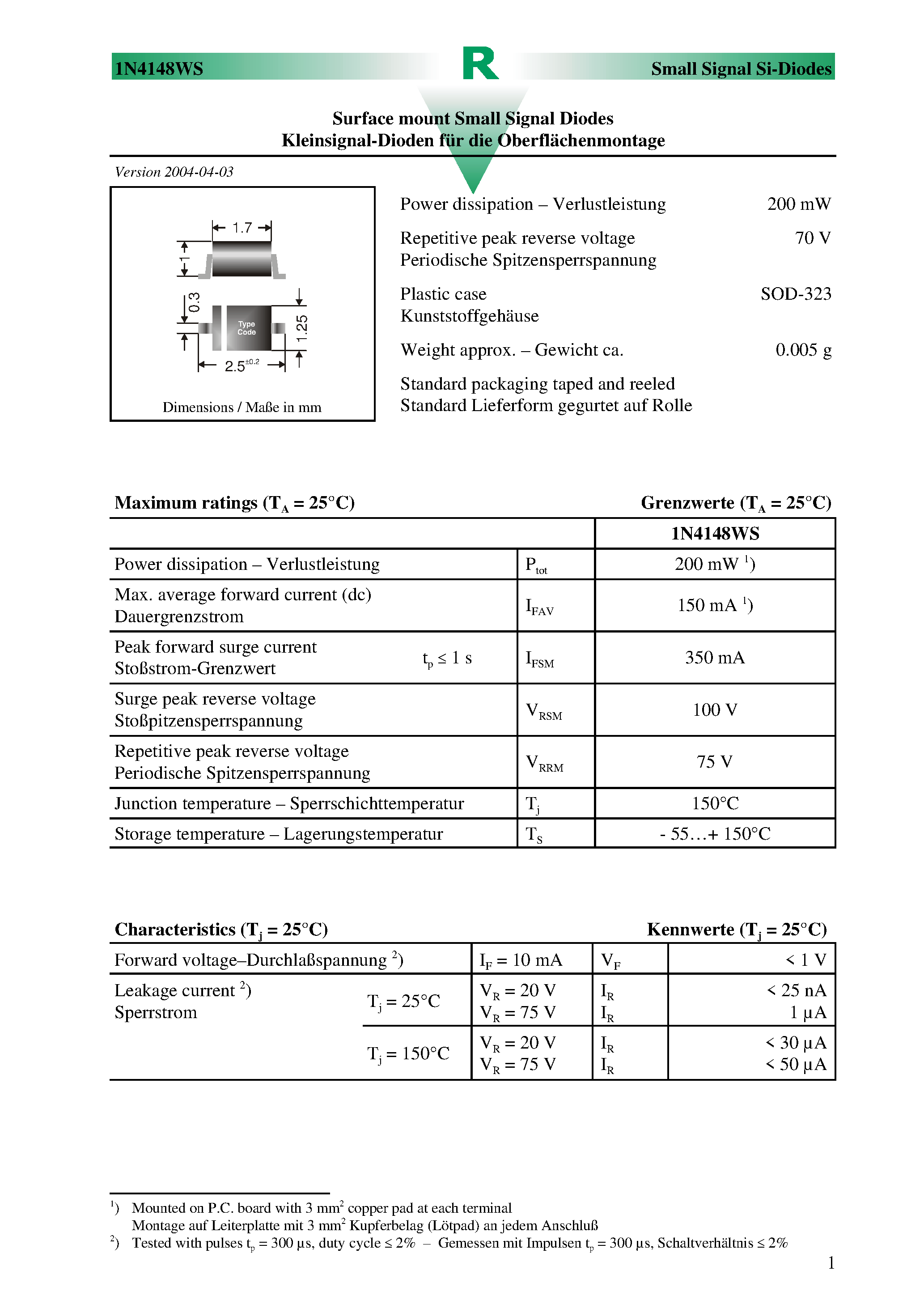 Datasheet 1N4148WS - Surface mount Small Signal Diodes page 1