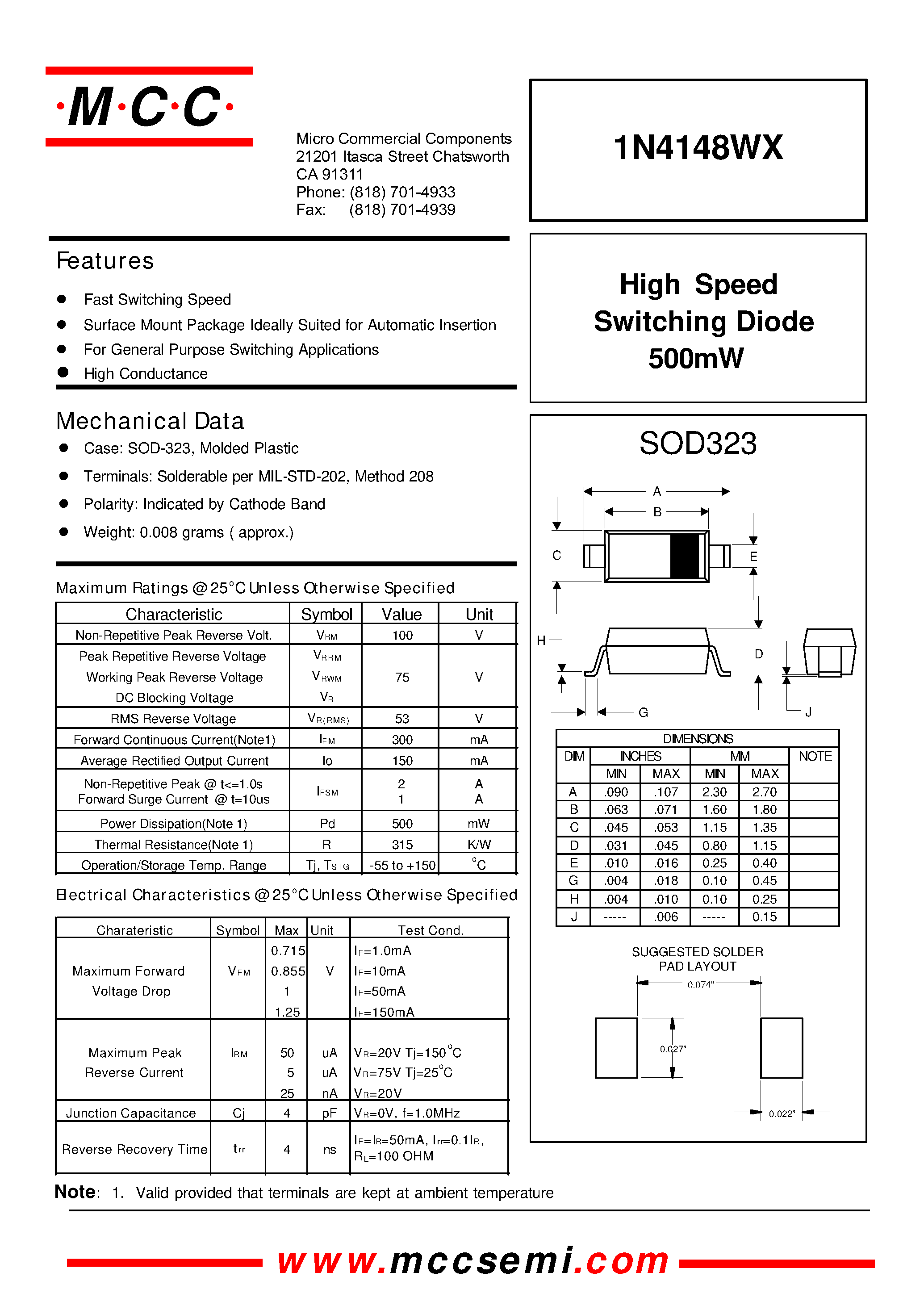 Datasheet 1N4148WX - High Speed Switching Diode 500mW page 1