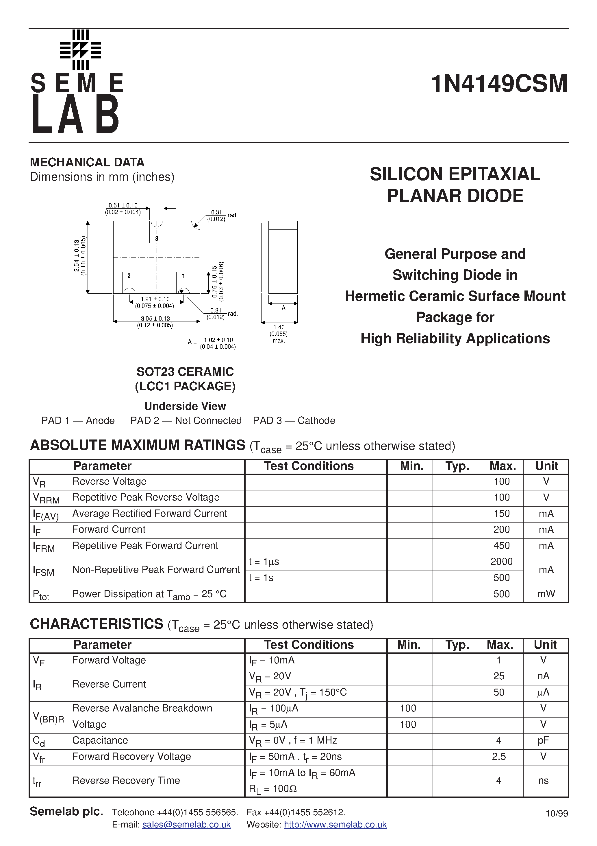Datasheet 1N4149CSM - SILICON EPITAXIAL PLANAR DIODE page 1