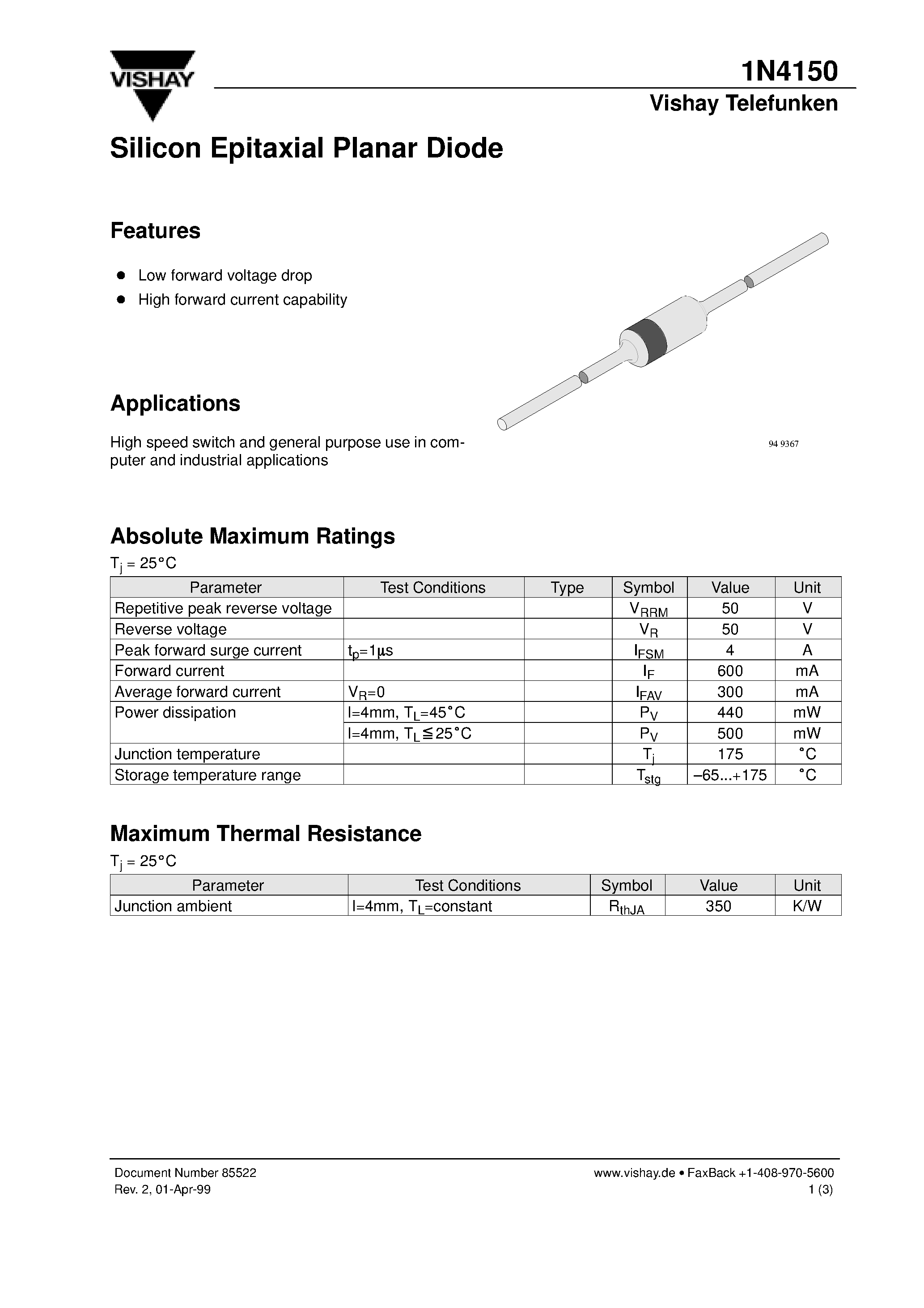 Datasheet 1N4150 - Silicon Epitaxial Planar Diode page 1