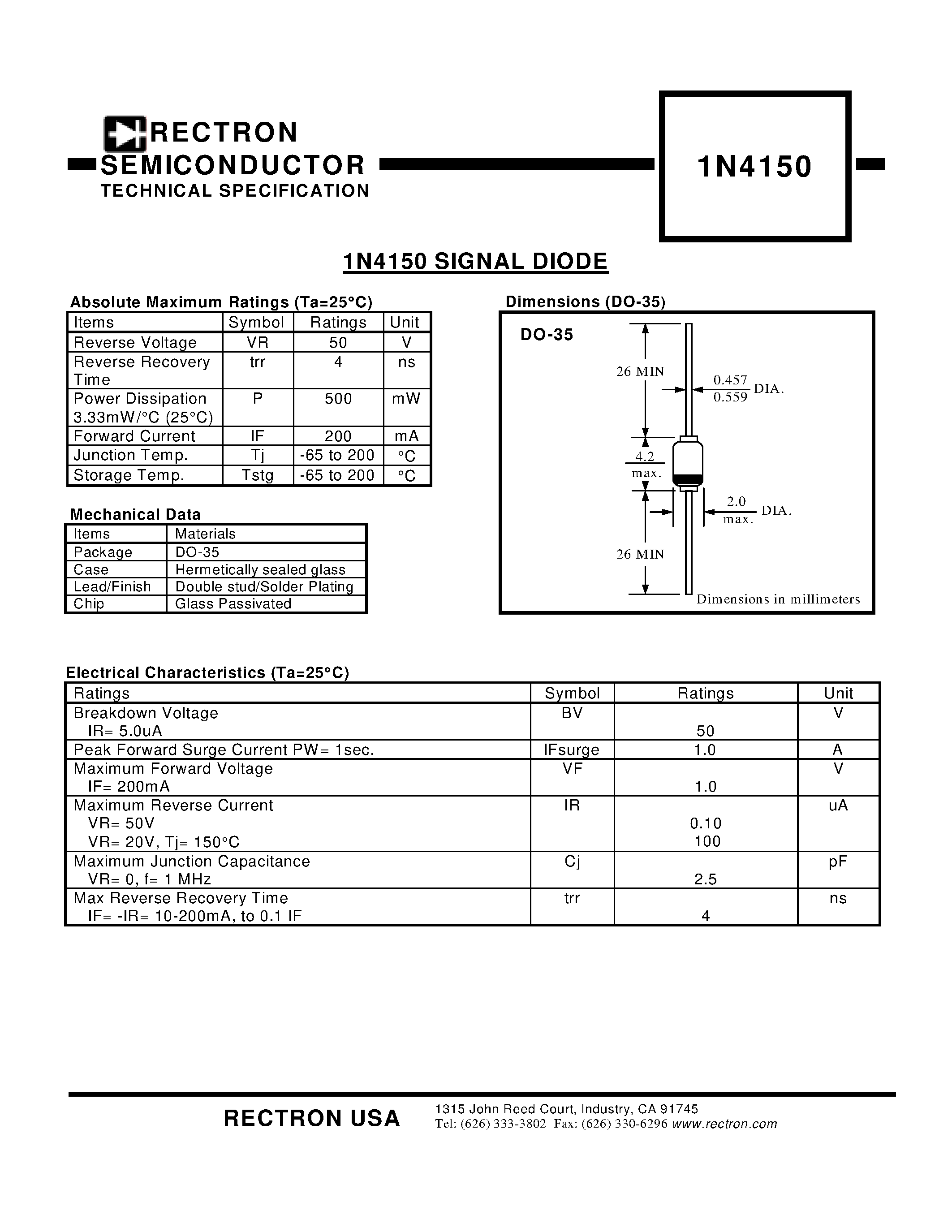 Datasheet 1N4150 - SIGNAL DIODE page 1