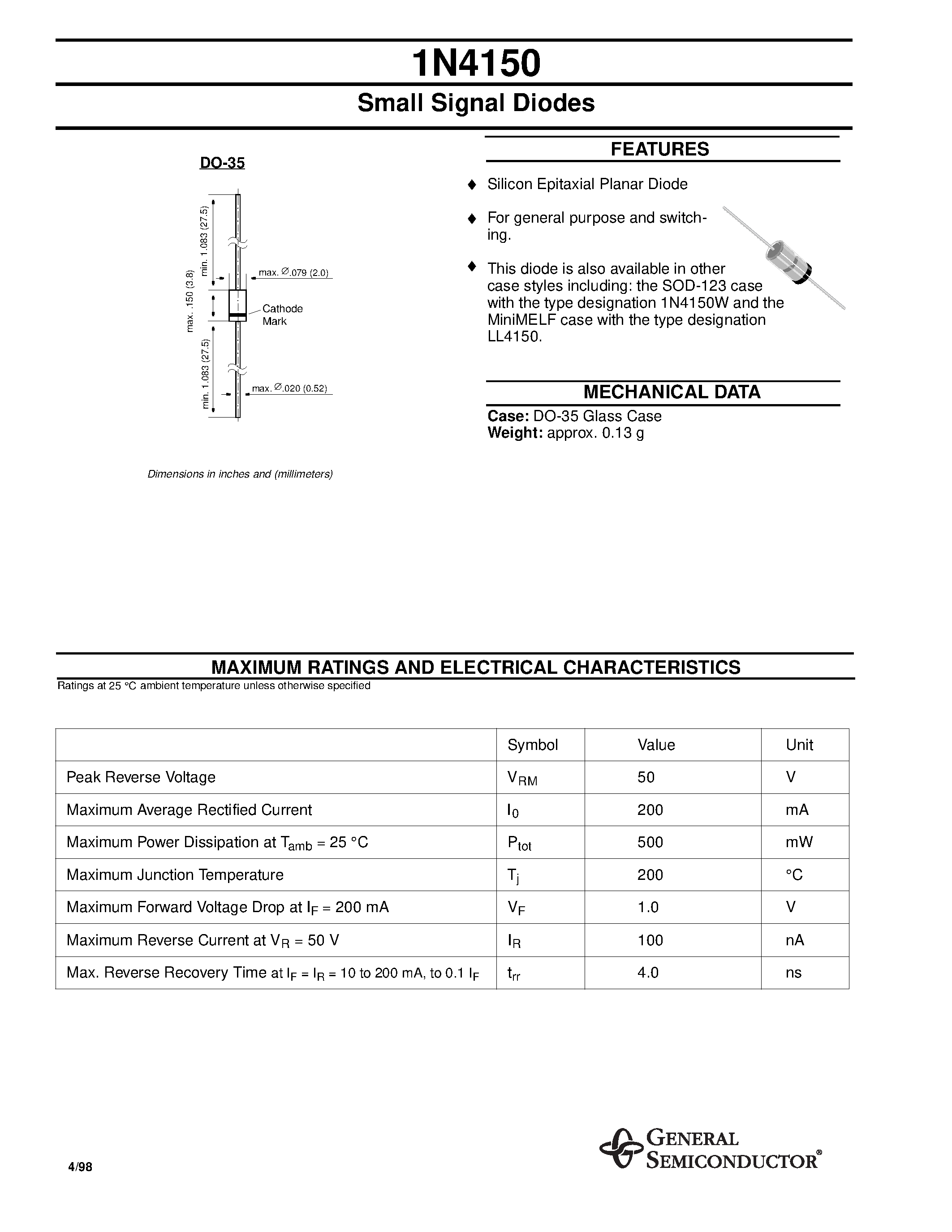 Datasheet 1N4150 - Small Signal Diodes page 1