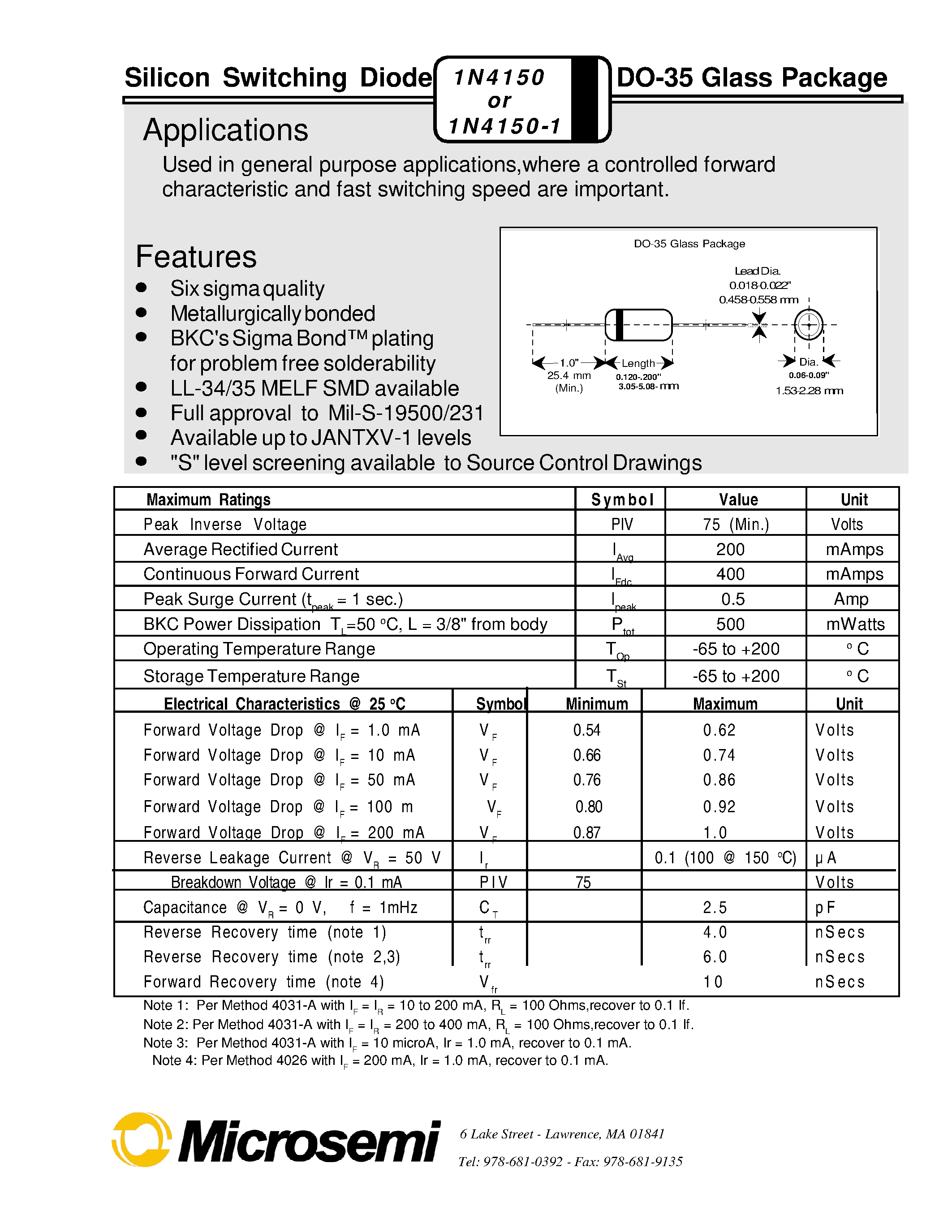 Datasheet 1N4150 - COMPUTER DIODE Switching page 1