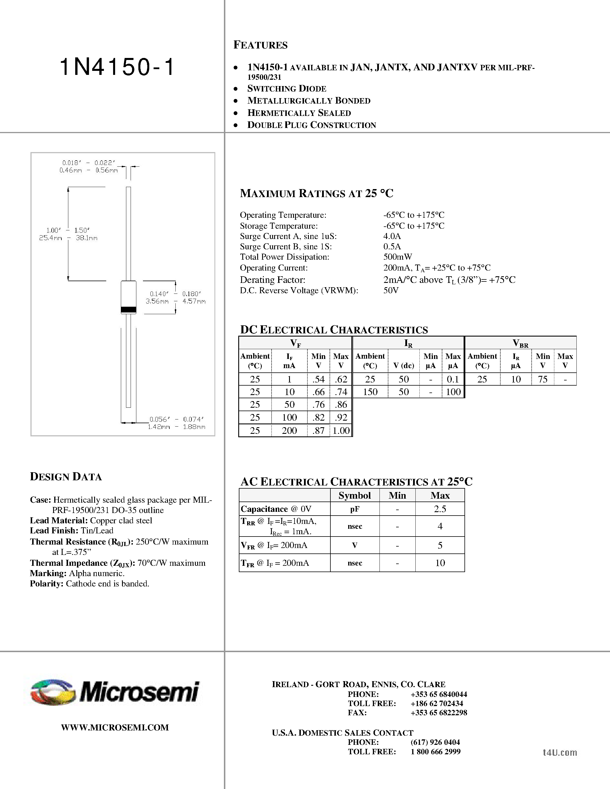 Datasheet 1N4150-1 - Silicon Switching Diode DO-35 Glass Package page 1