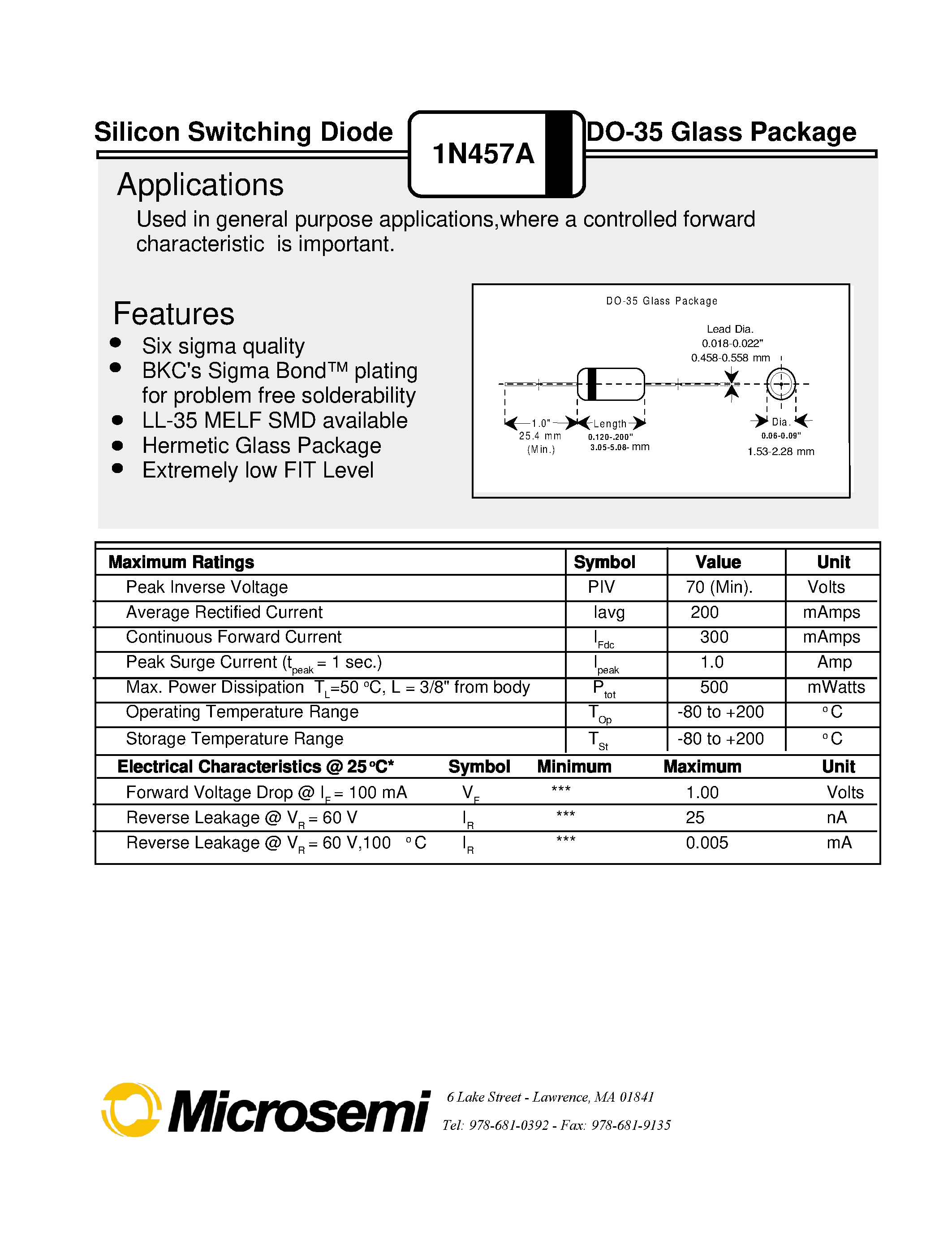 Datasheet 1N41501N457A - Silicon Switching Diode DO-35 Glass Package page 1