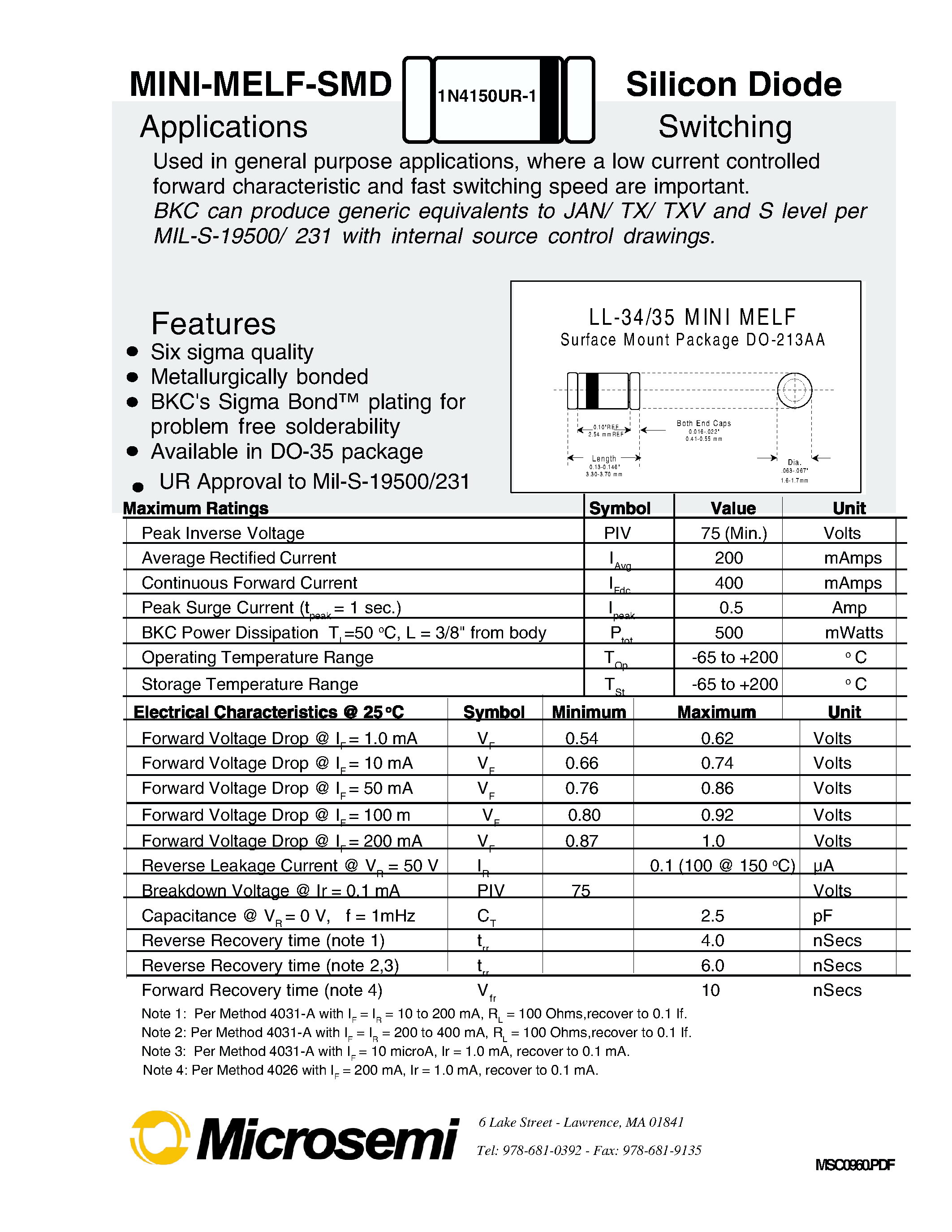 Datasheet 1N4150UR-1 - MINI-MELF-SMD Silicon Diode page 1