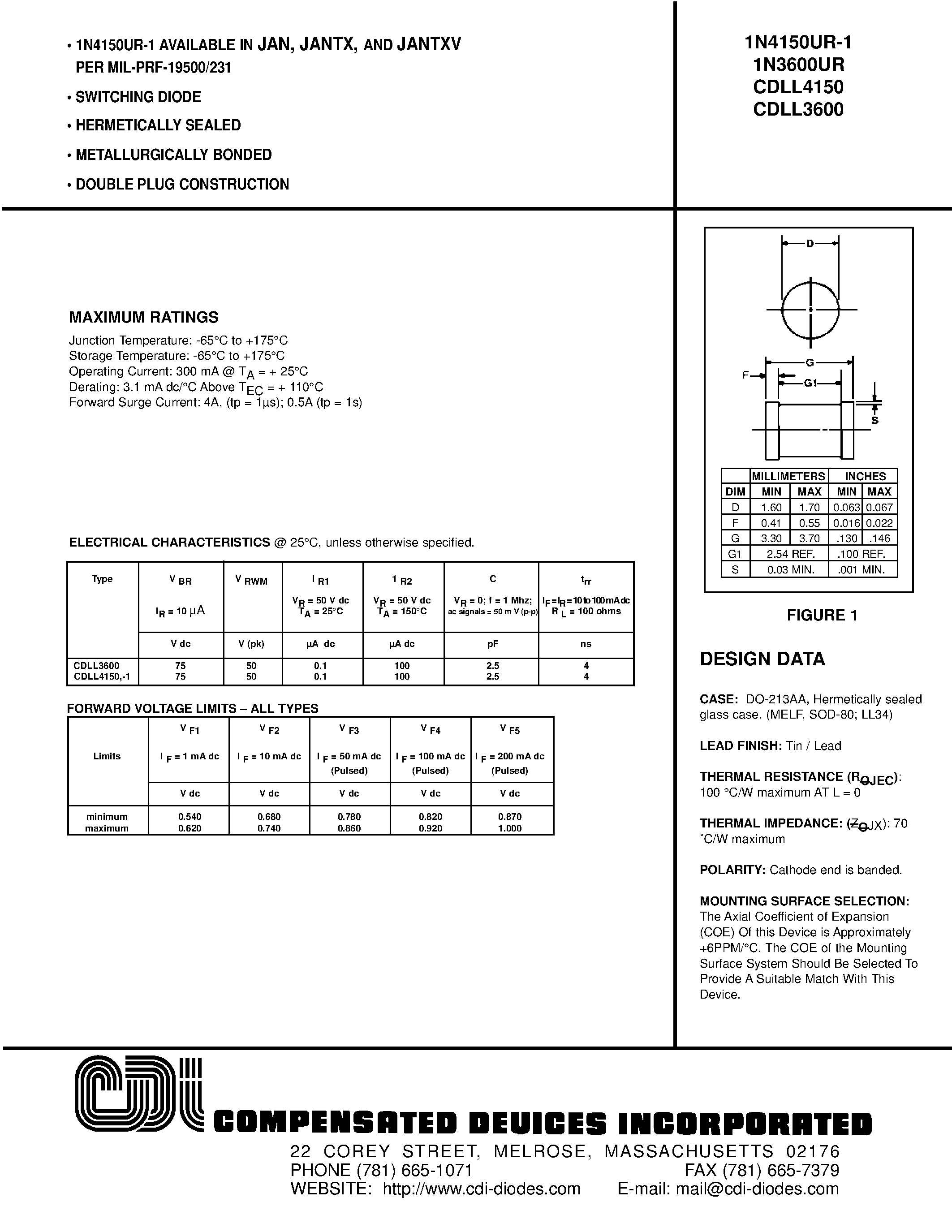 Datasheet 1N4150UR-1 - SWITCHING DIODE page 1