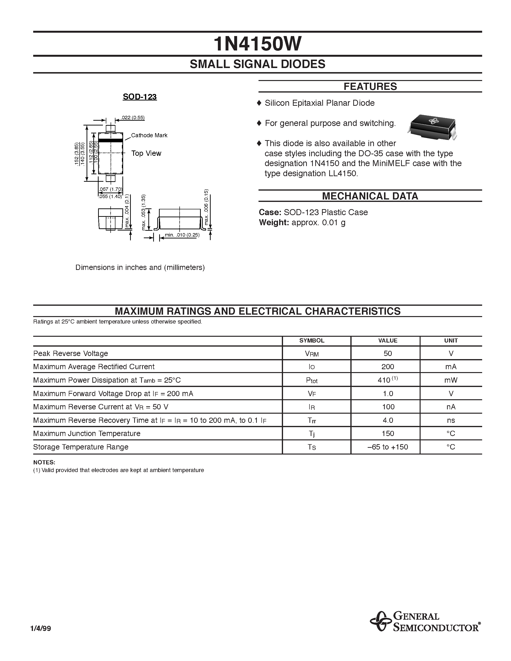 Datasheet 1N4150W - SMALL SIGNAL DIODES page 1