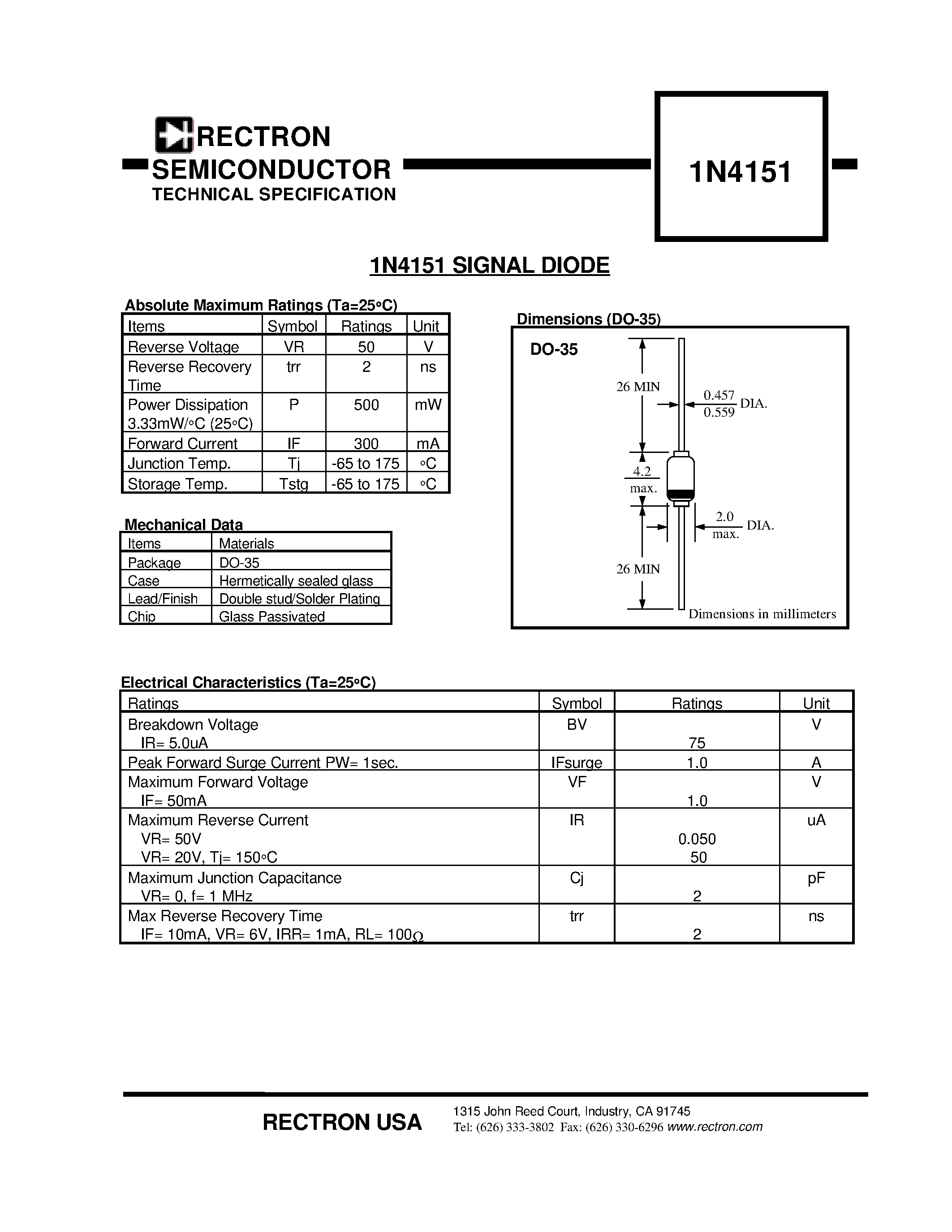 Datasheet 1N4151 - SIGNAL DIODE page 1