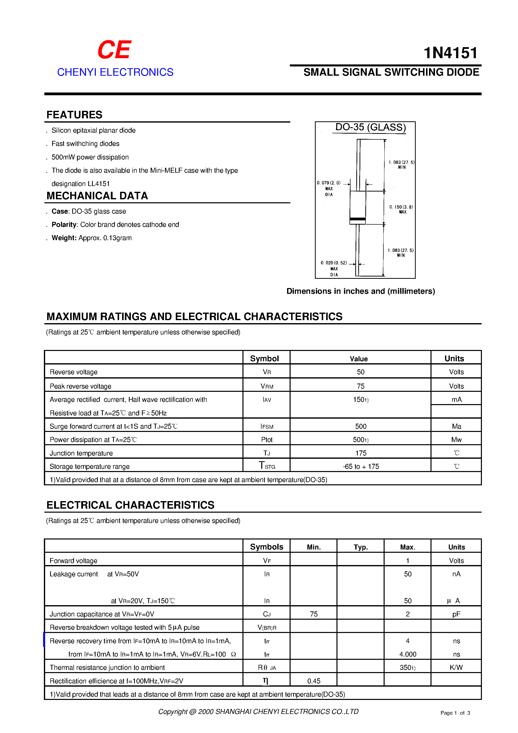 Datasheet 1N4151 - SMALL SIGNAL SWITCHING DIODE page 1
