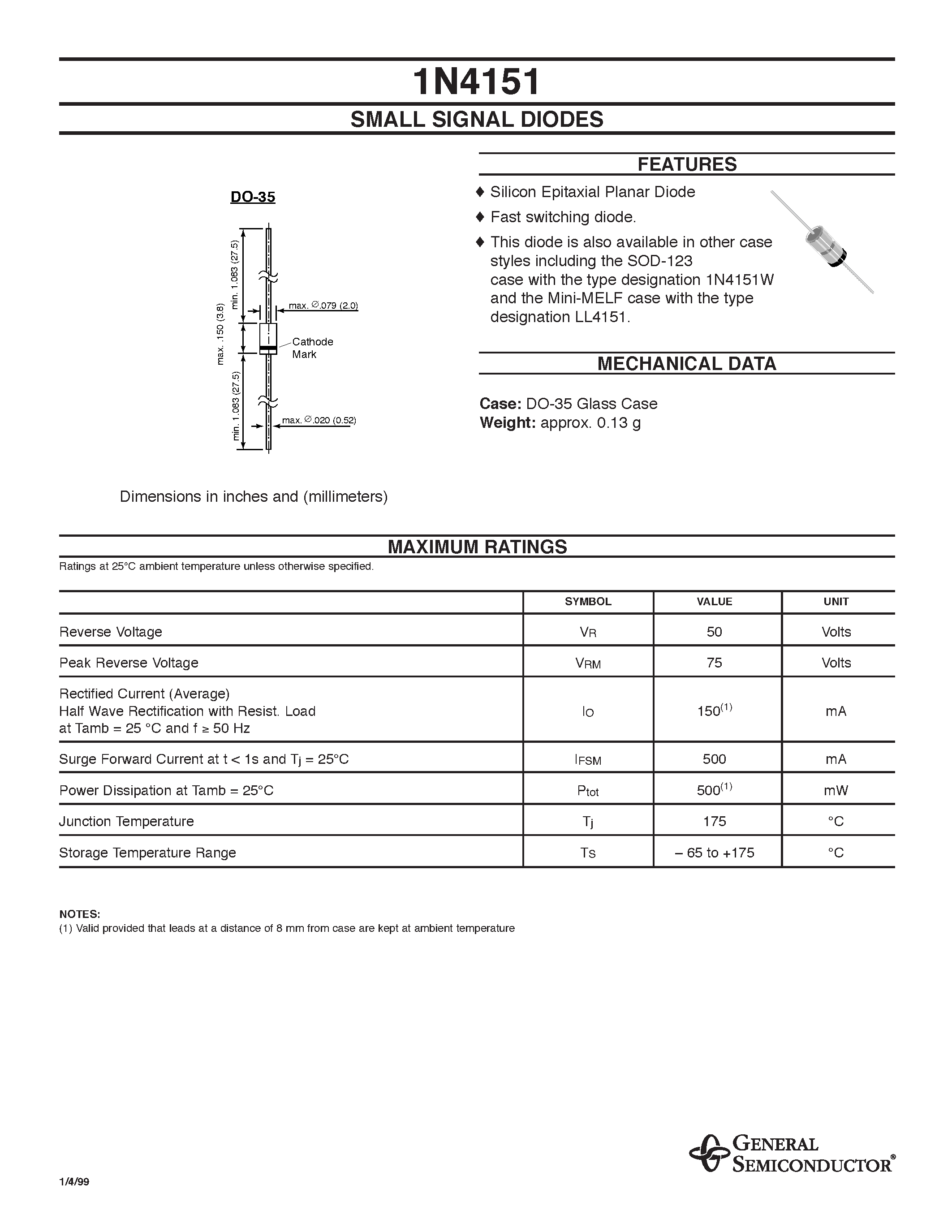 Datasheet 1N4151 - SMALL SIGNAL DIODES page 1