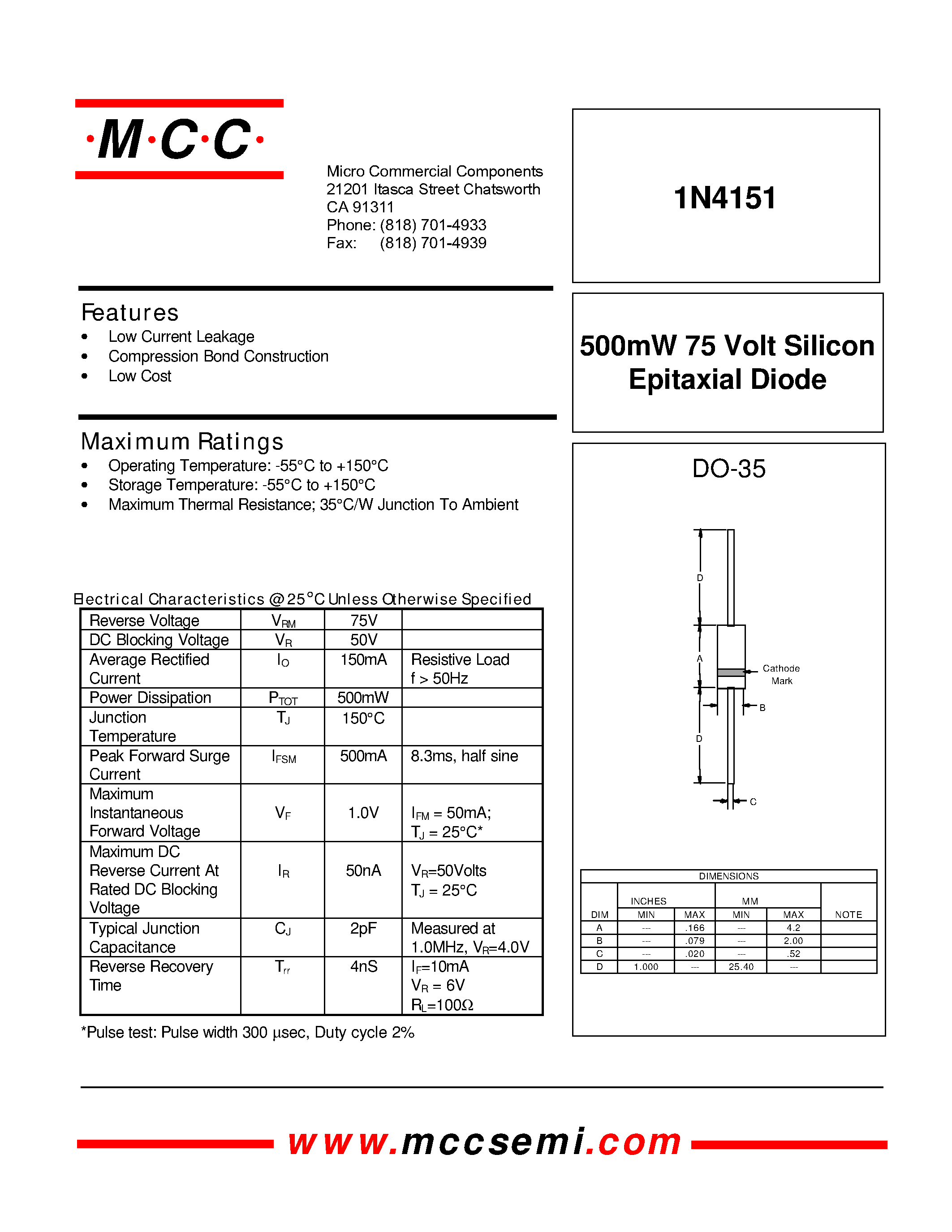 Datasheet 1N4151 - 500mW 75 Volt Silicon Epitaxial Diode page 1