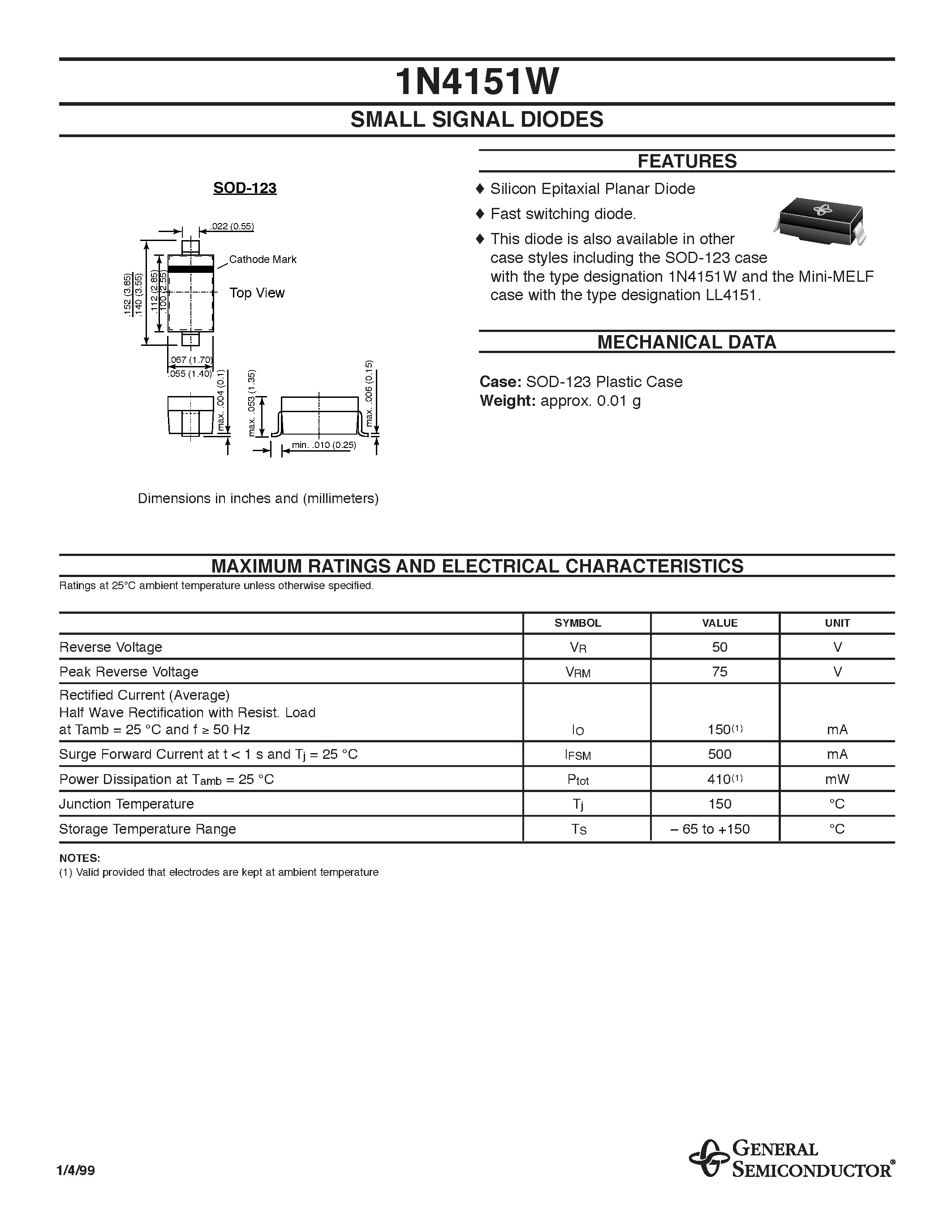 Datasheet 1N4151W - SMALL SIGNAL DIODES page 1
