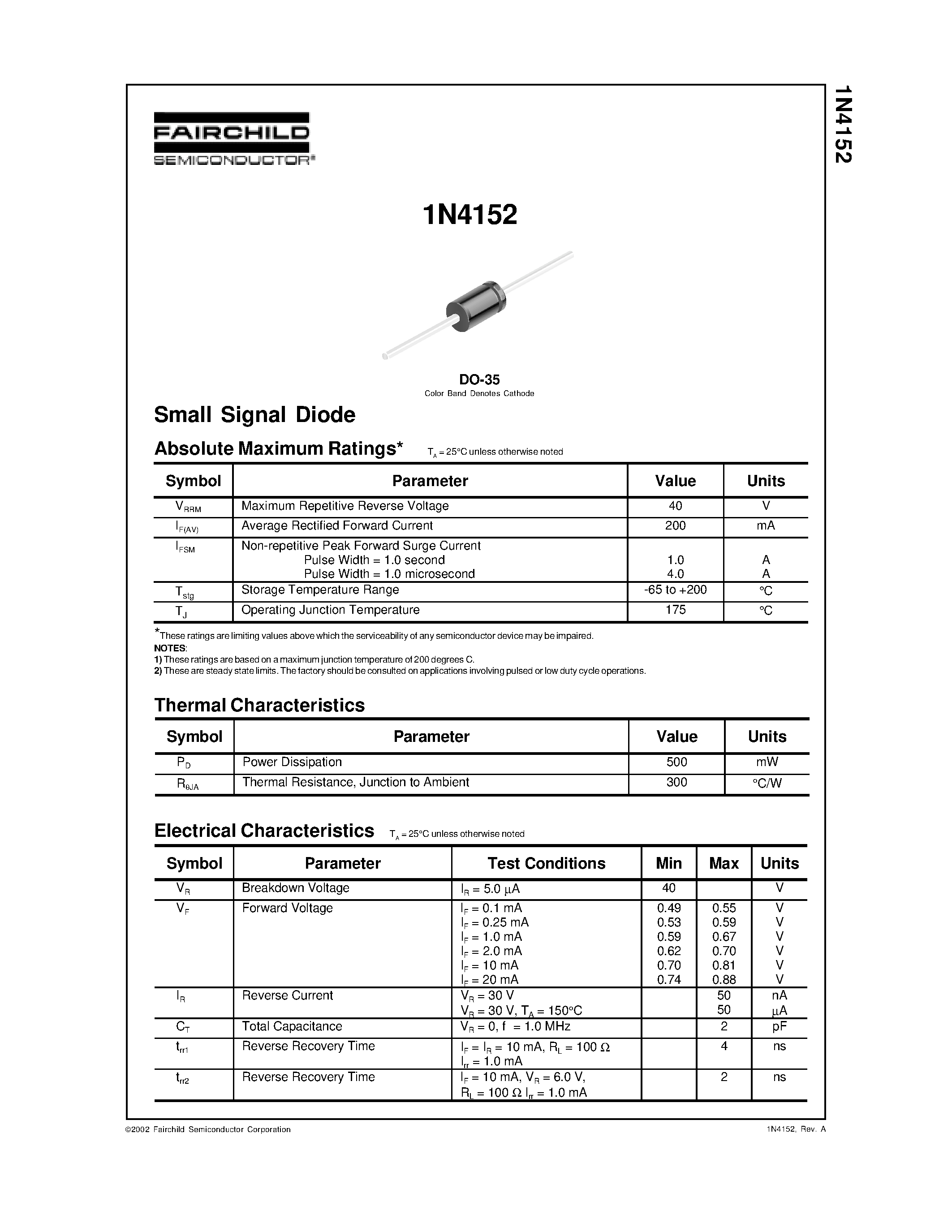 Datasheet 1N4152 - Small Signal Diode page 1