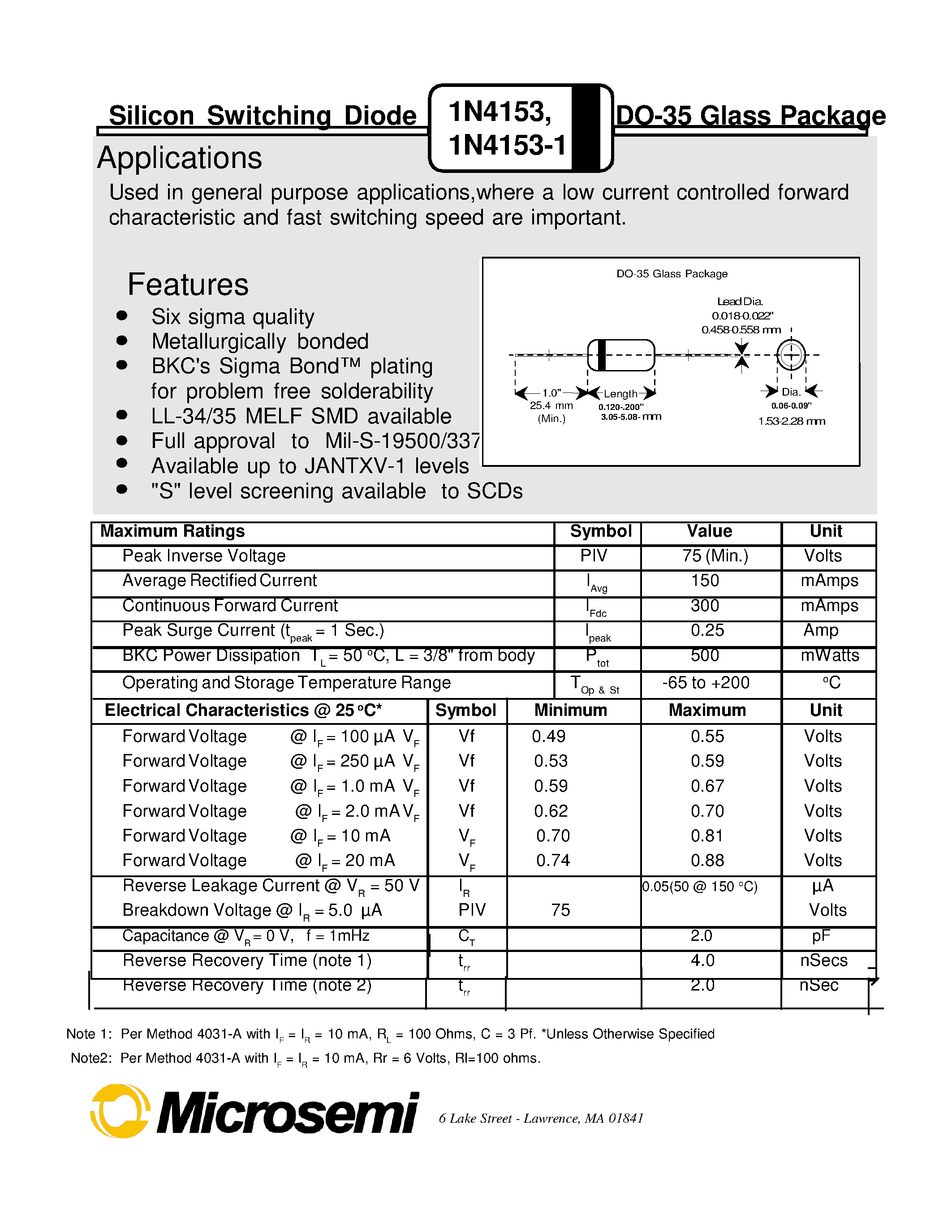 Datasheet 1N4153-1 - Silicon Switching Diode DO-35 Glass Package page 1