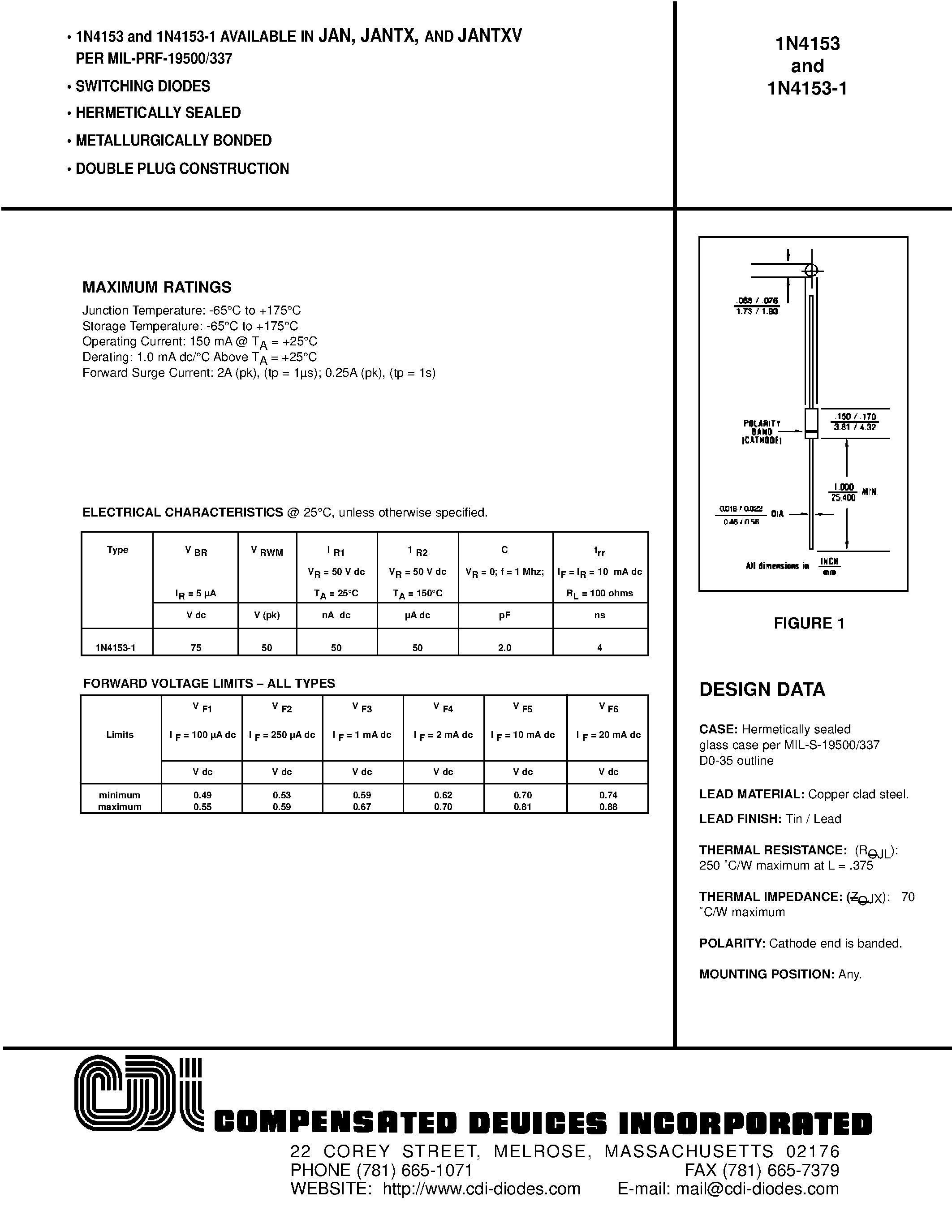 Datasheet 1N4153-1 - SWITCHING DIODES page 1