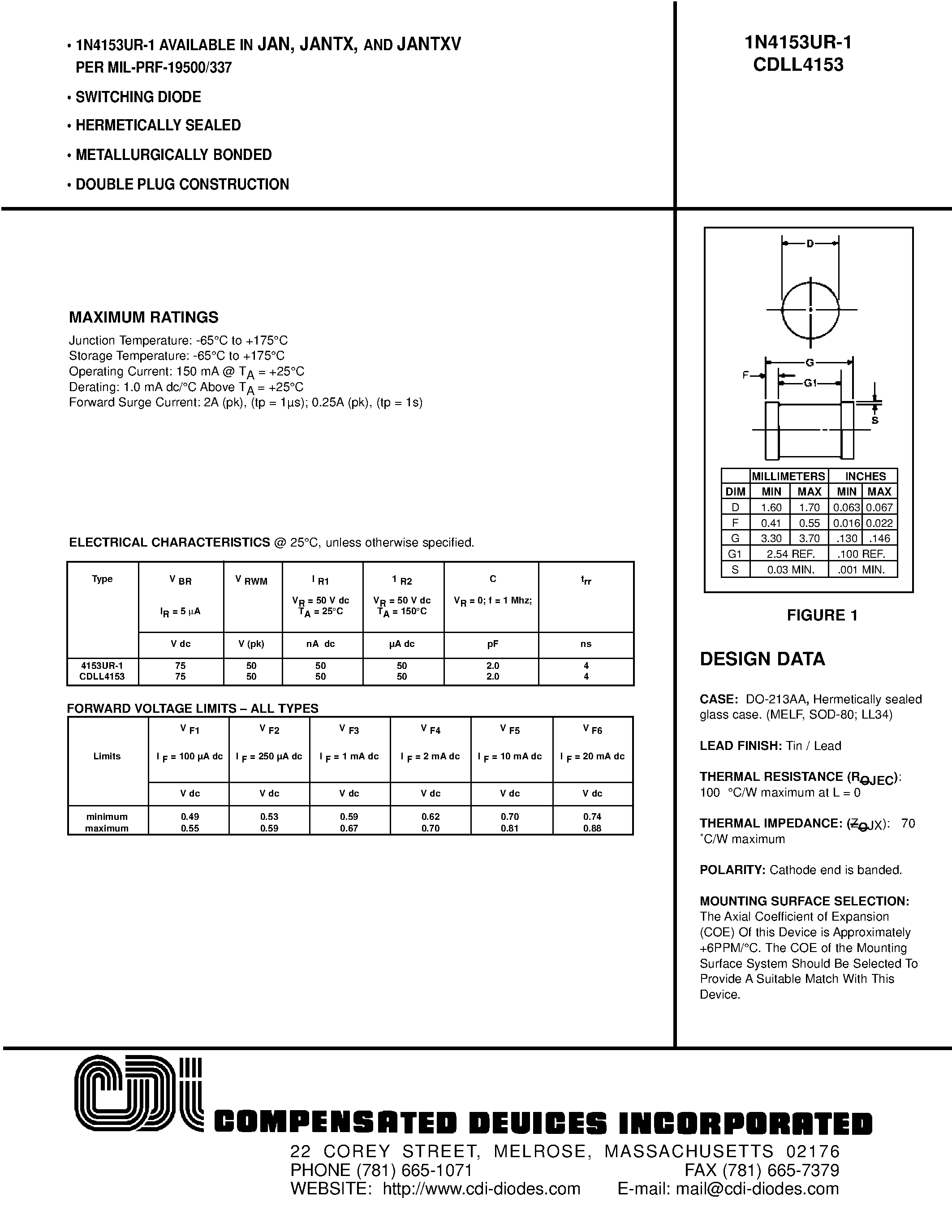 Datasheet 1N4153UR-1 - SWITCHING DIODE page 1