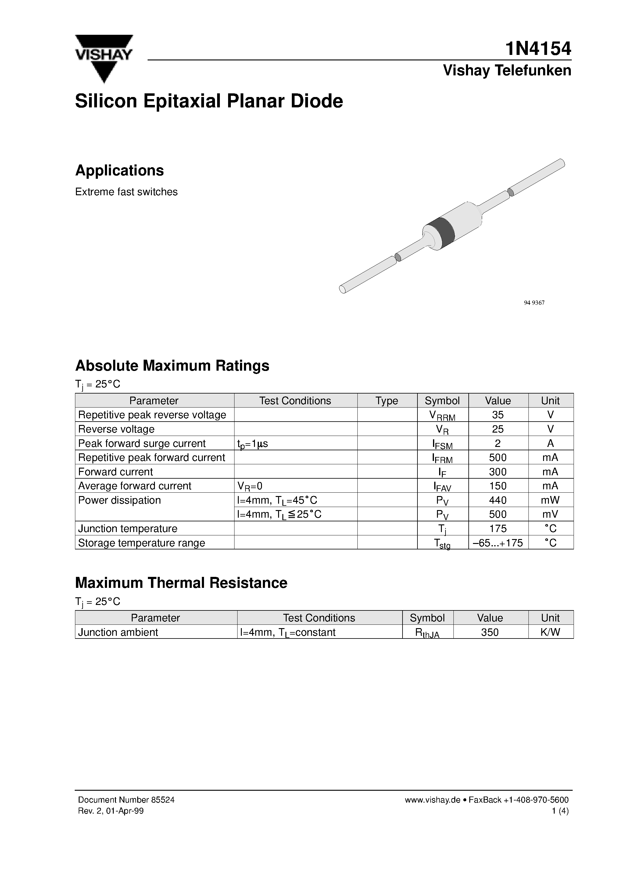Datasheet 1N4154 - Silicon Epitaxial Planar Diode page 1