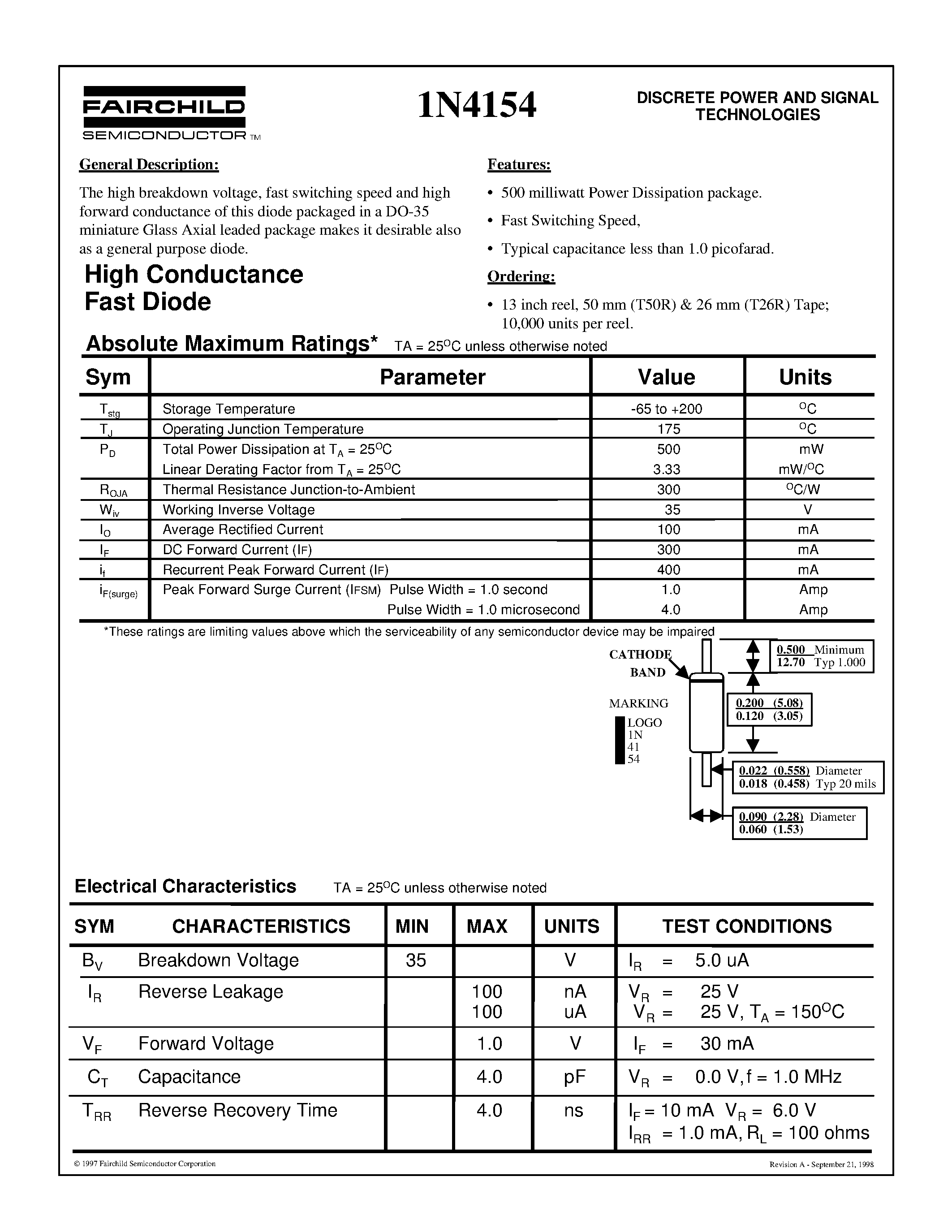 Datasheet 1N4154 - High Conductance Fast Diode page 1