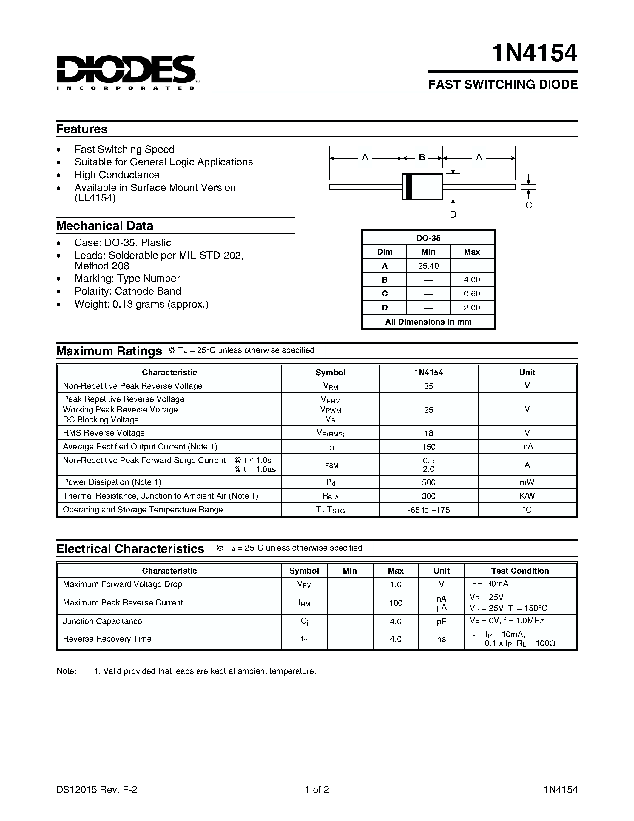 Datasheet 1N4154 - FAST SWITCHING DIODE page 1