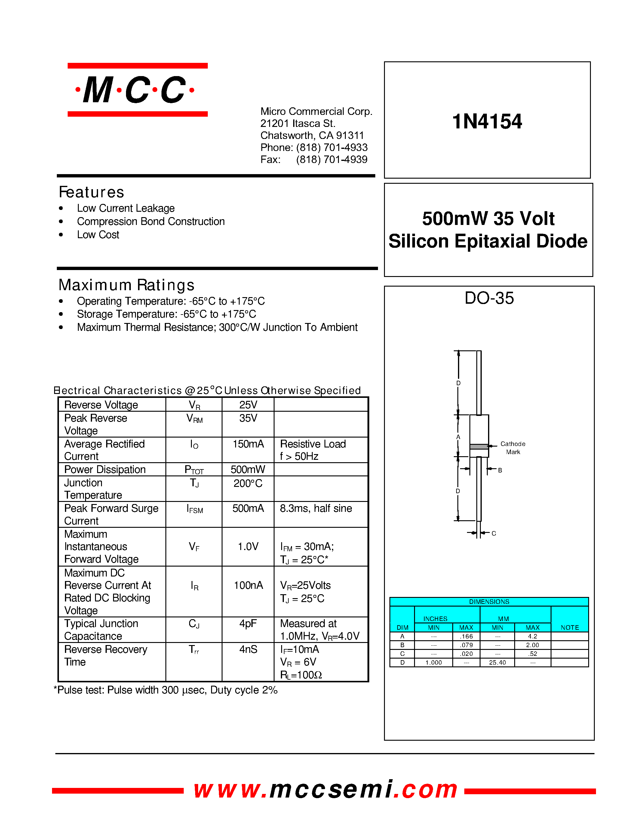 Datasheet 1N4154 - 500mW 35 Volt Silicon Epitaxial Diode page 1