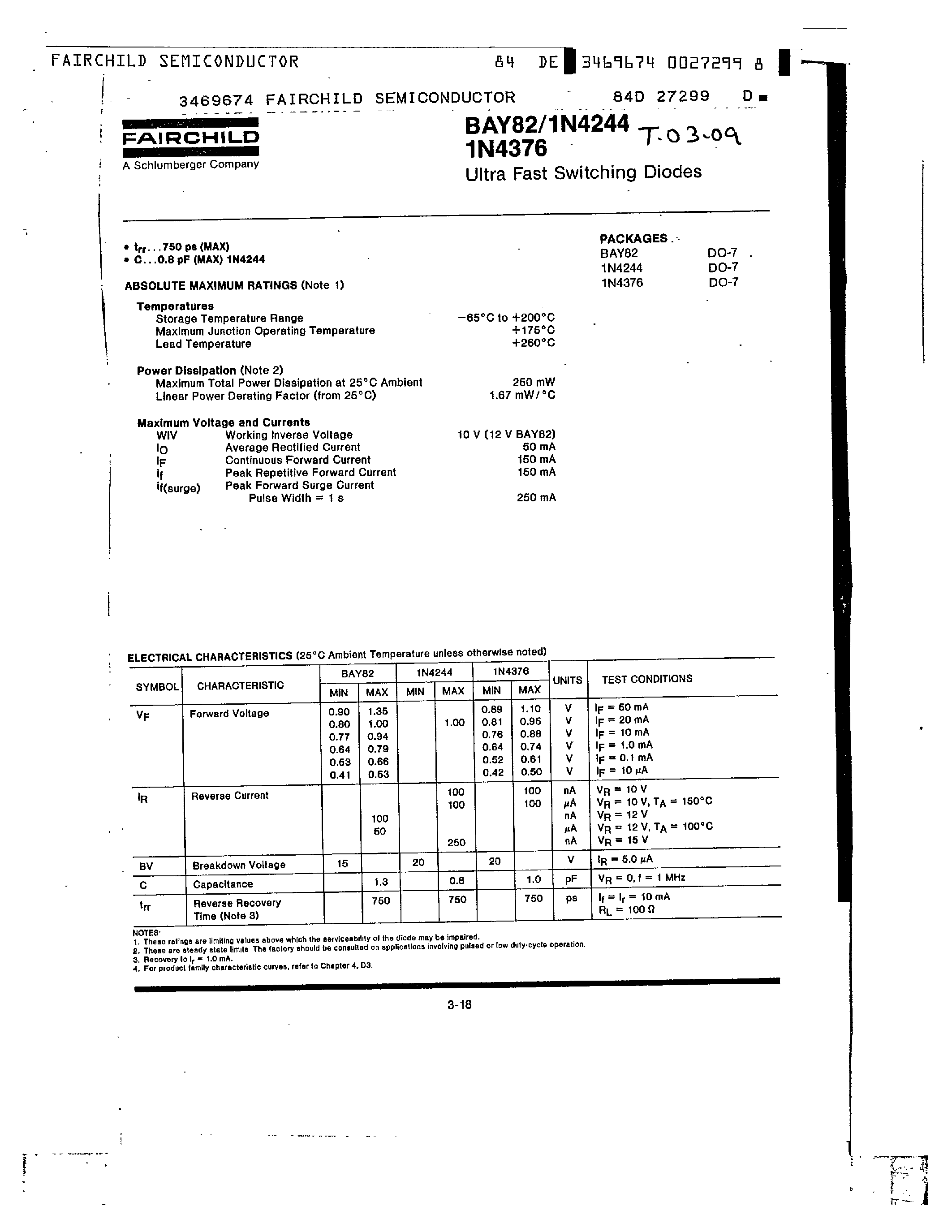 Datasheet 1N4244 - Ultra Fast Switching Diodes page 1