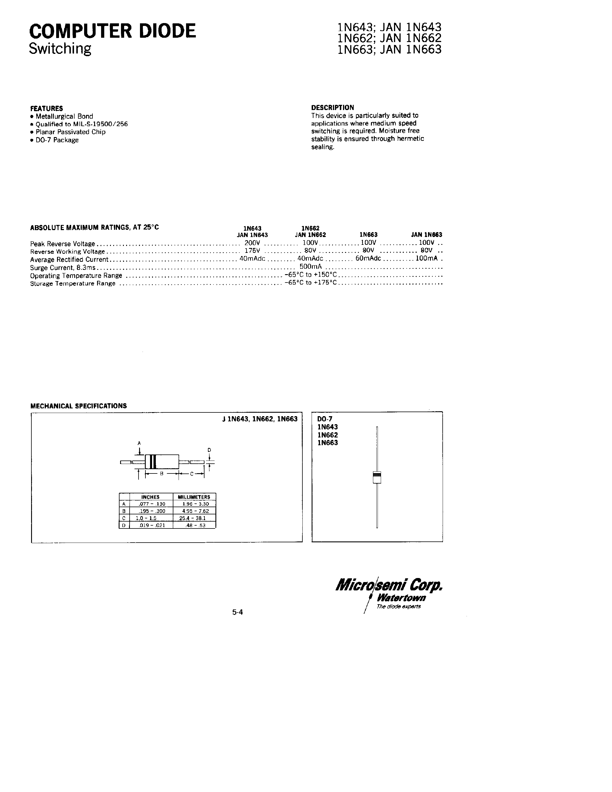 Datasheet 1N4305 - COMPUTER DIODE Switching page 1