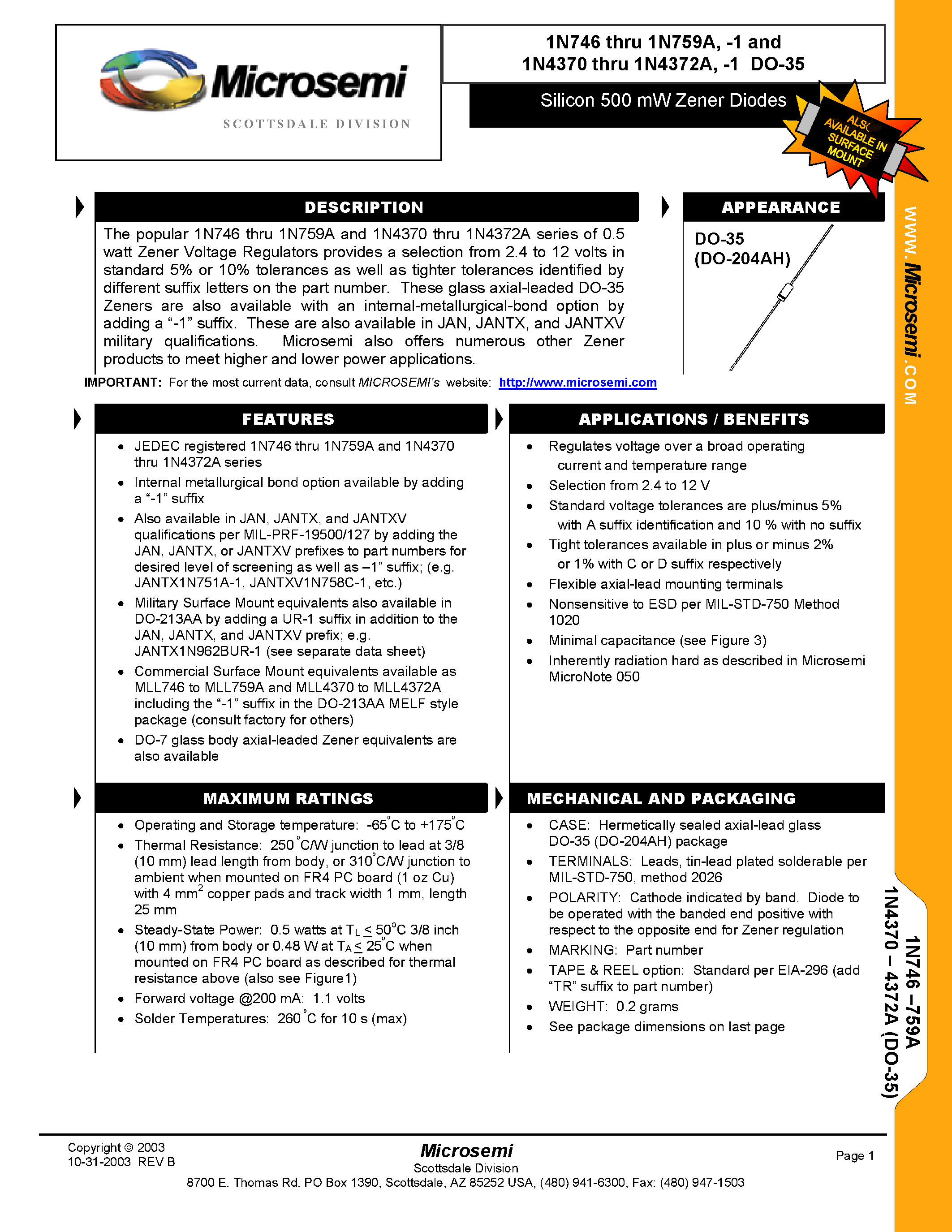 Datasheet 1N4370A - SILICON 500MW ZENER DIODES page 1