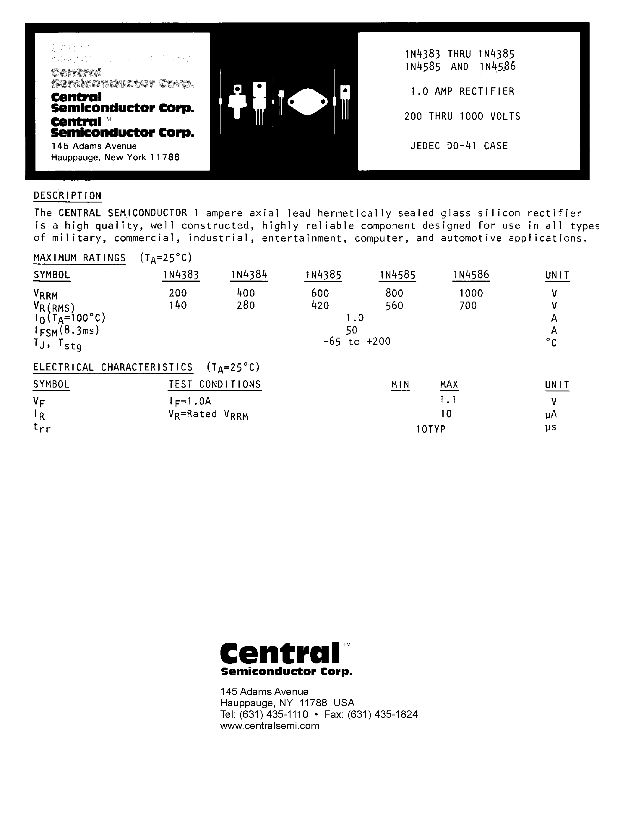 Datasheet 1N4384 - 1.0 AMP RECTIFIER 200 THRU 1000 VOLTS page 1