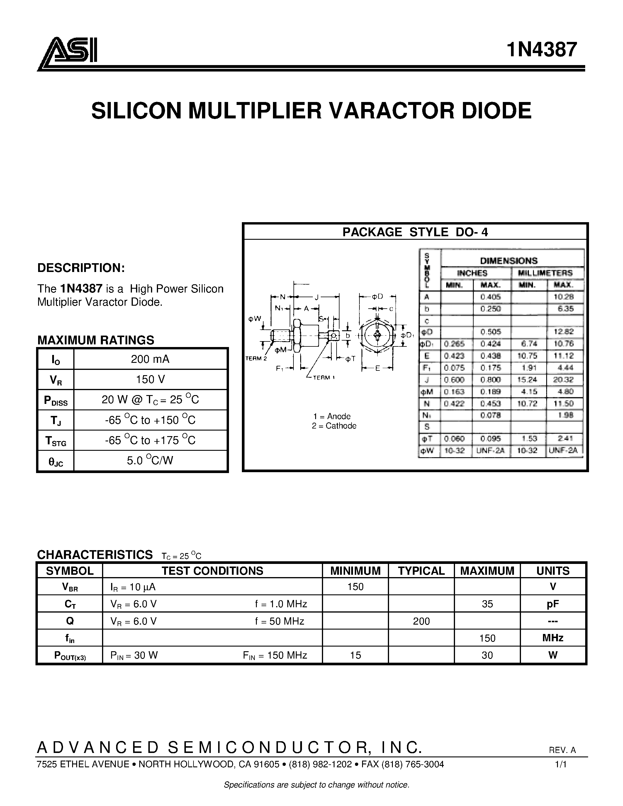 Даташит на микросхему 1N4387 страница 1 Даташит 1N4387 - SILICON MULTIPLIER VARACTOR DIODE страница 1