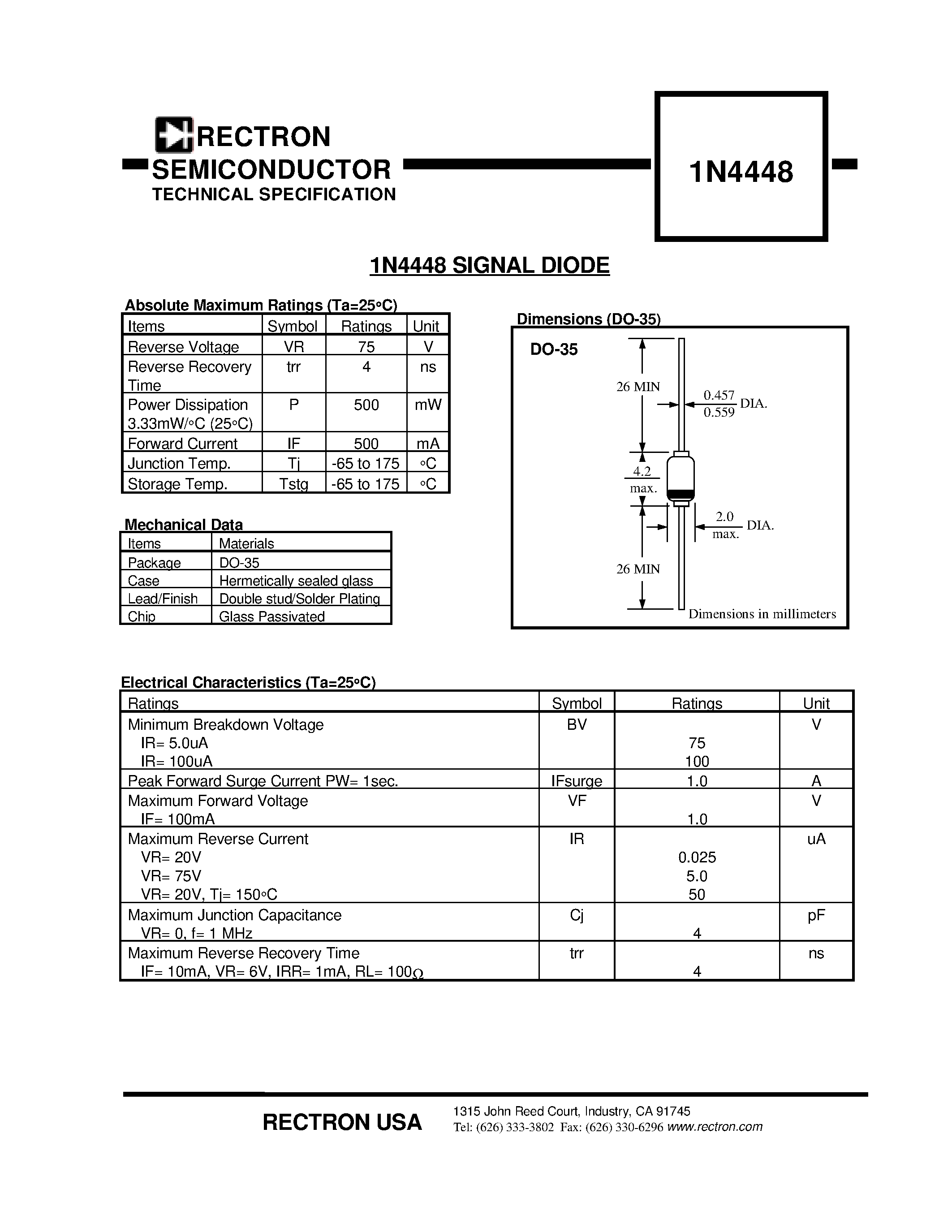 Datasheet 1N4448 - SIGNAL DIODE page 1