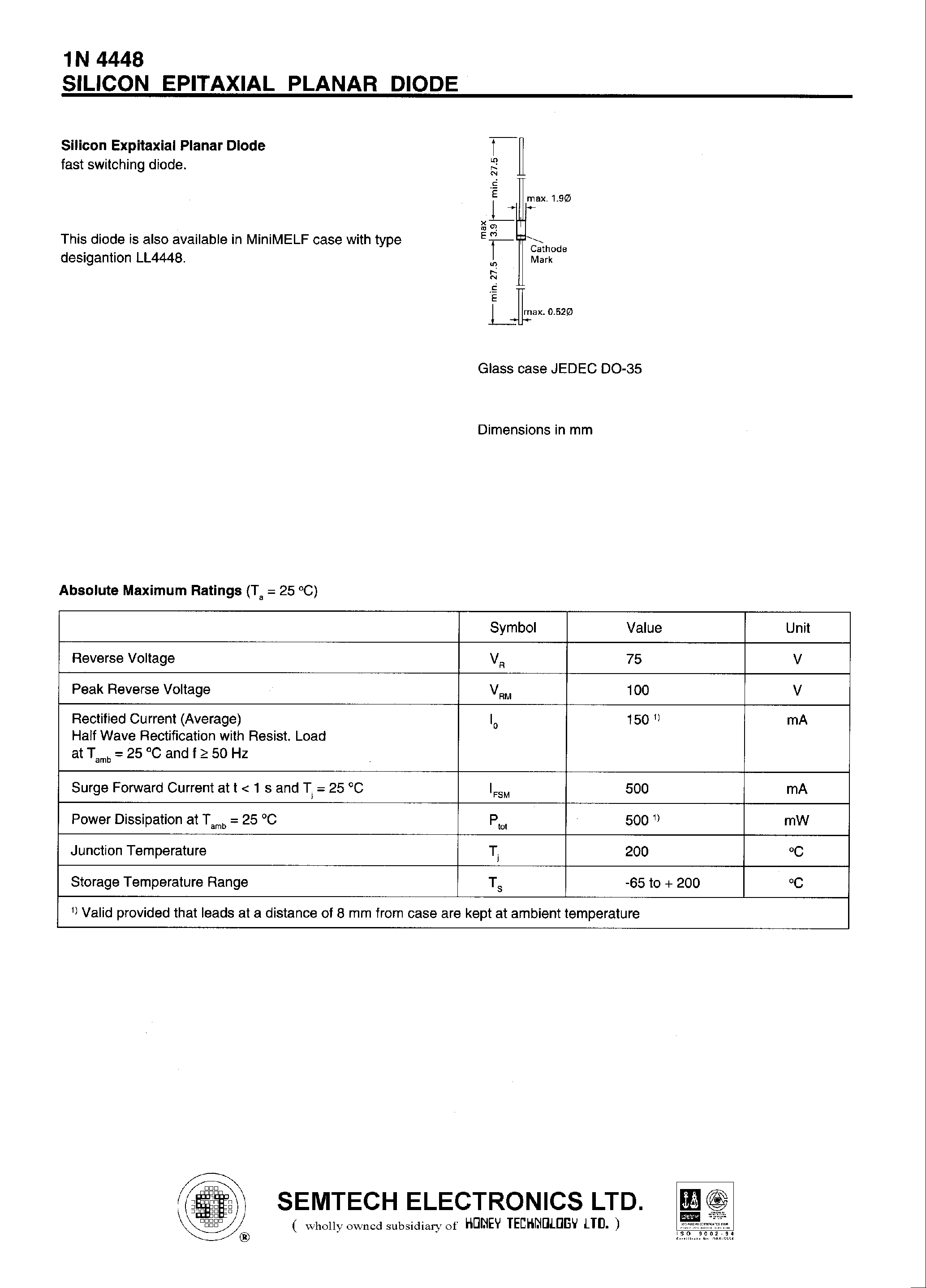 Datasheet 1N4448 - SILICON EPITAXIAL PLANAR DIODE page 1
