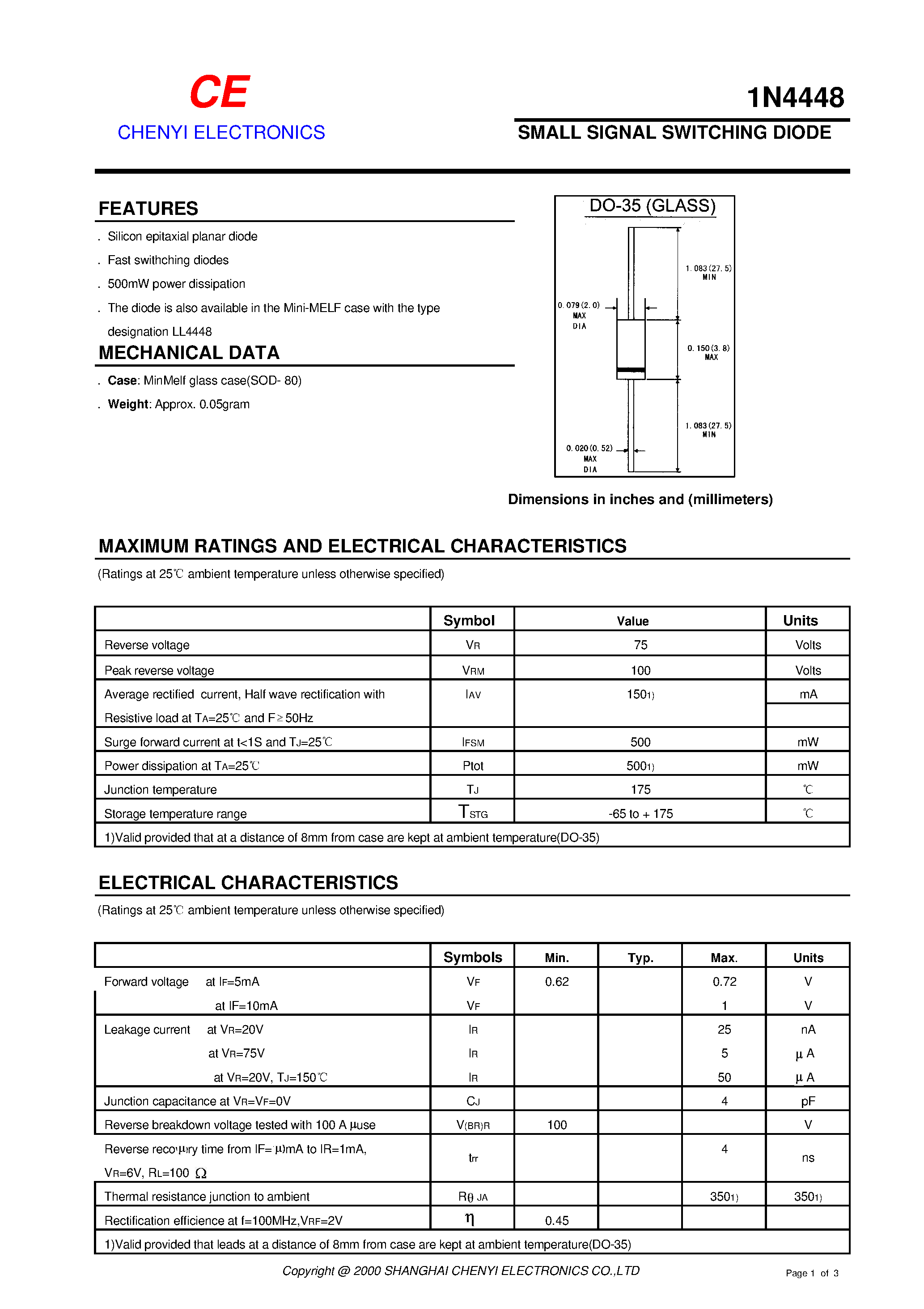 Datasheet 1N4448 - SMALL SIGNAL SWITCHING DIODE page 1