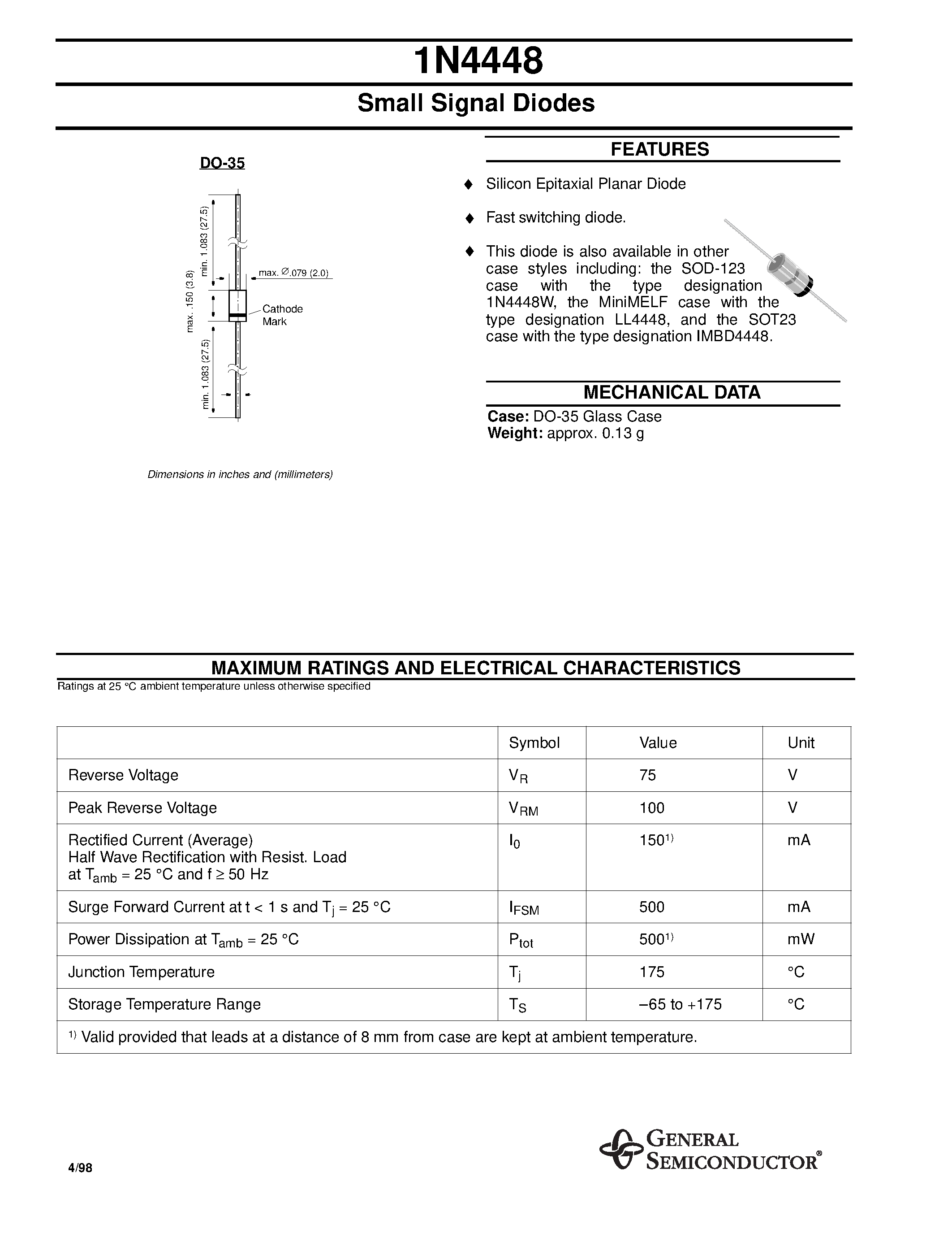Datasheet 1N4448 - Small Signal Diodes page 1