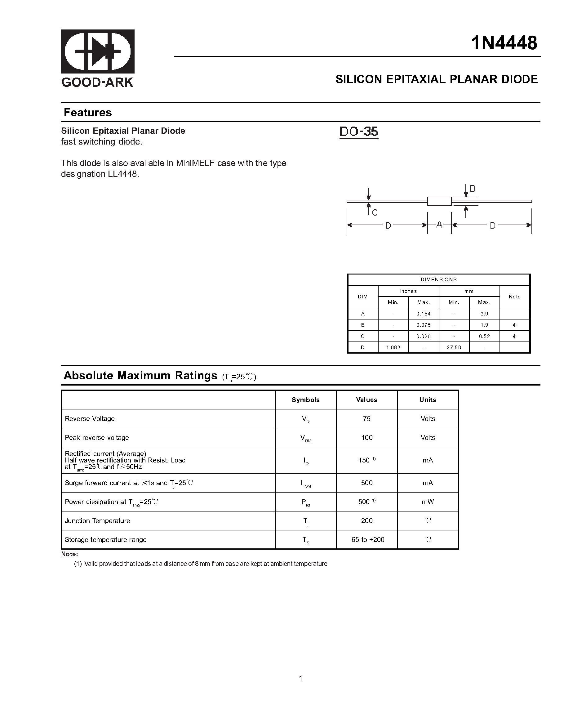 Datasheet 1N4448 - SILICON EPITAXIAL PLANAR DIODE page 1