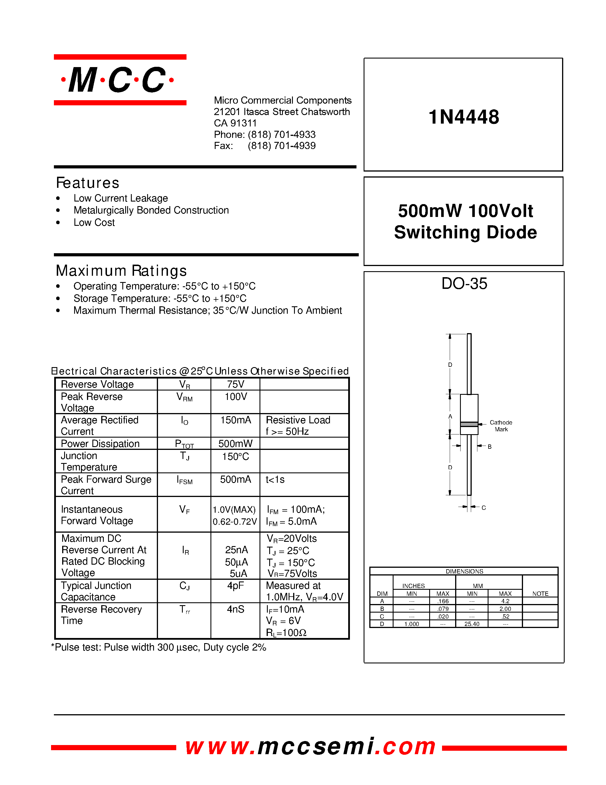 Datasheet 1N4448 - 500mW 100Volt Switching Diode page 1