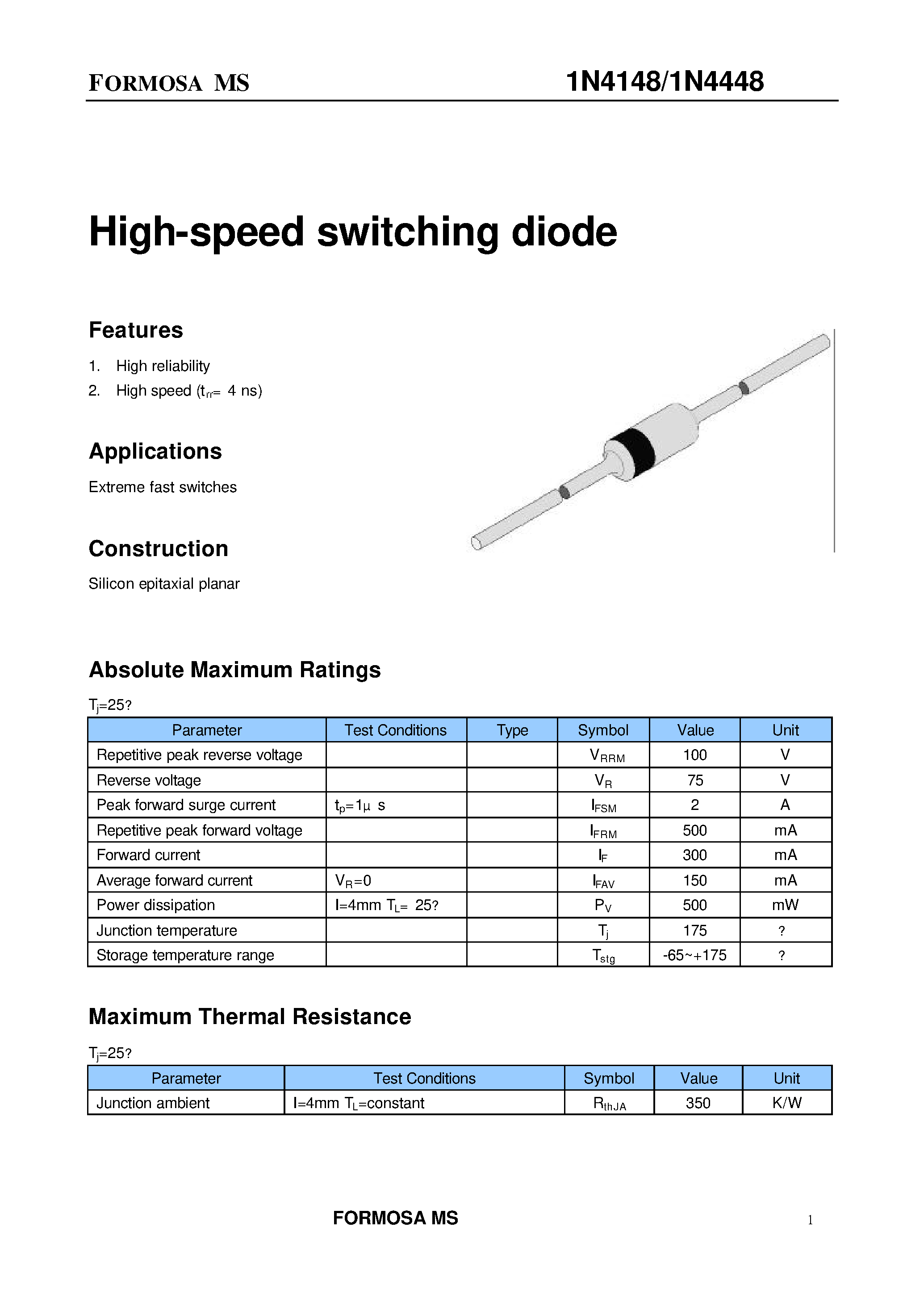 Datasheet 1N4448 - High-speed switching diode page 1
