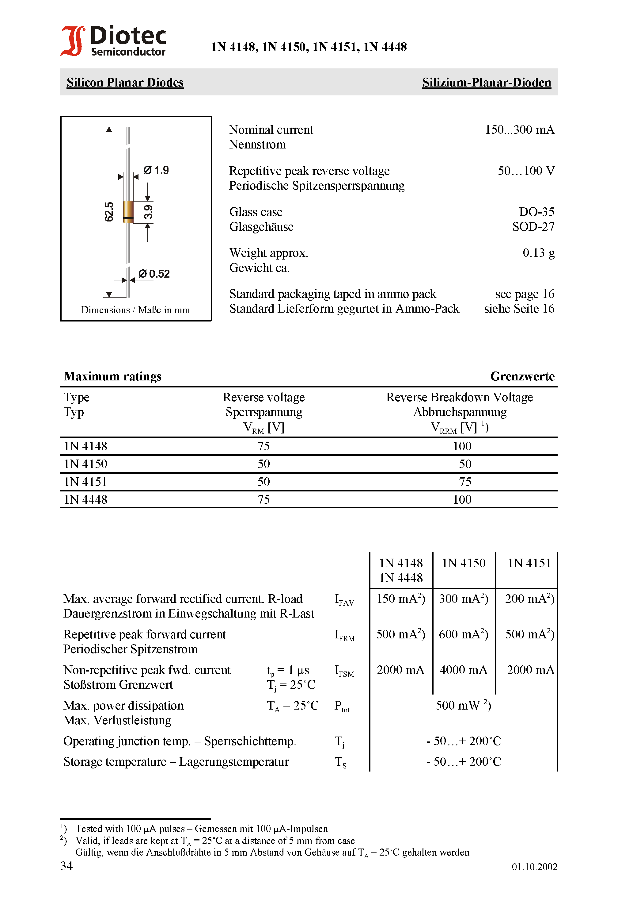 Datasheet 1N4448 - Silicon Planar Diodes page 1