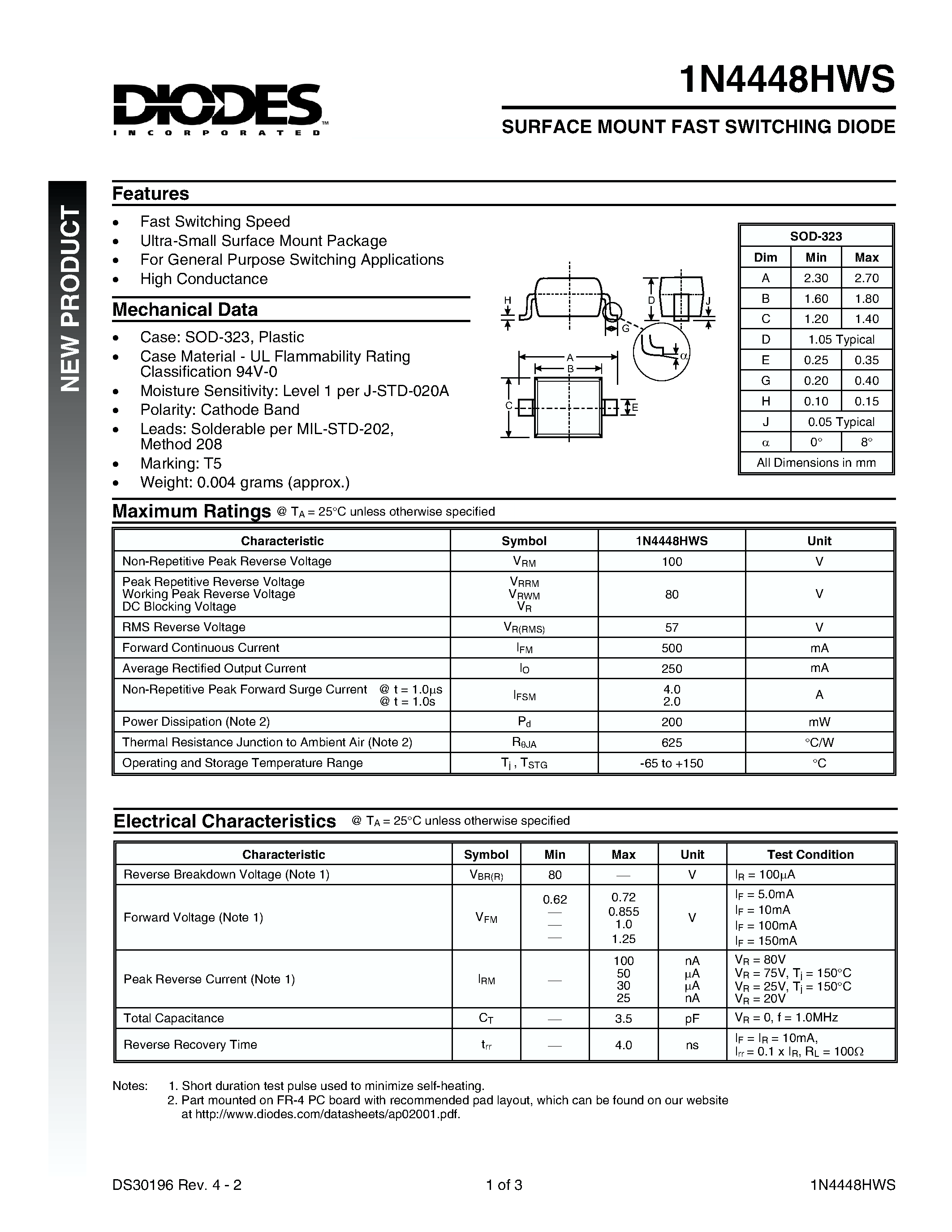 Даташит 1N4448HWS-7 - SURFACE MOUNT FAST SWITCHING DIODE страница 1
