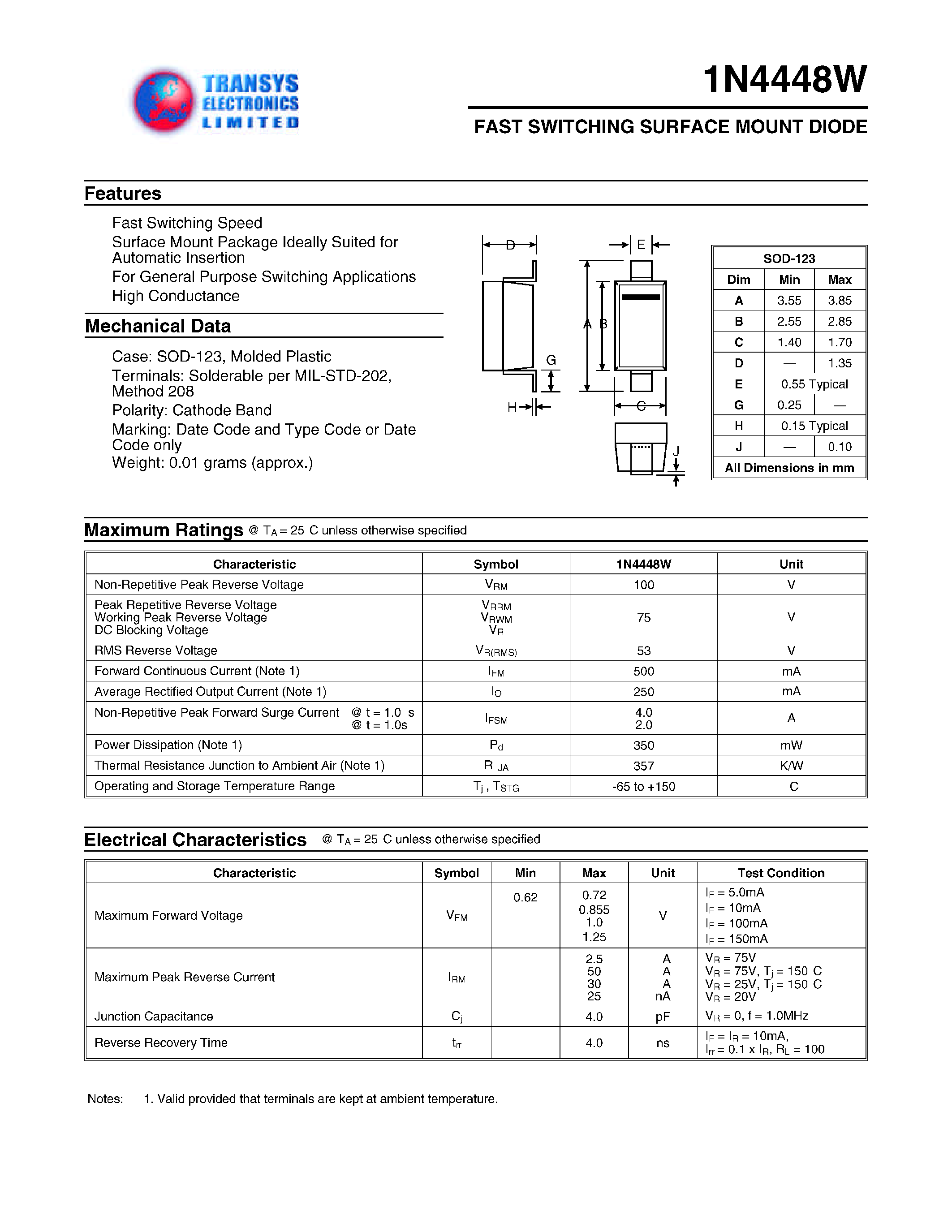 Datasheet 1N4448W - FAST SWITCHING SURFACE MOUNT DIODE page 1