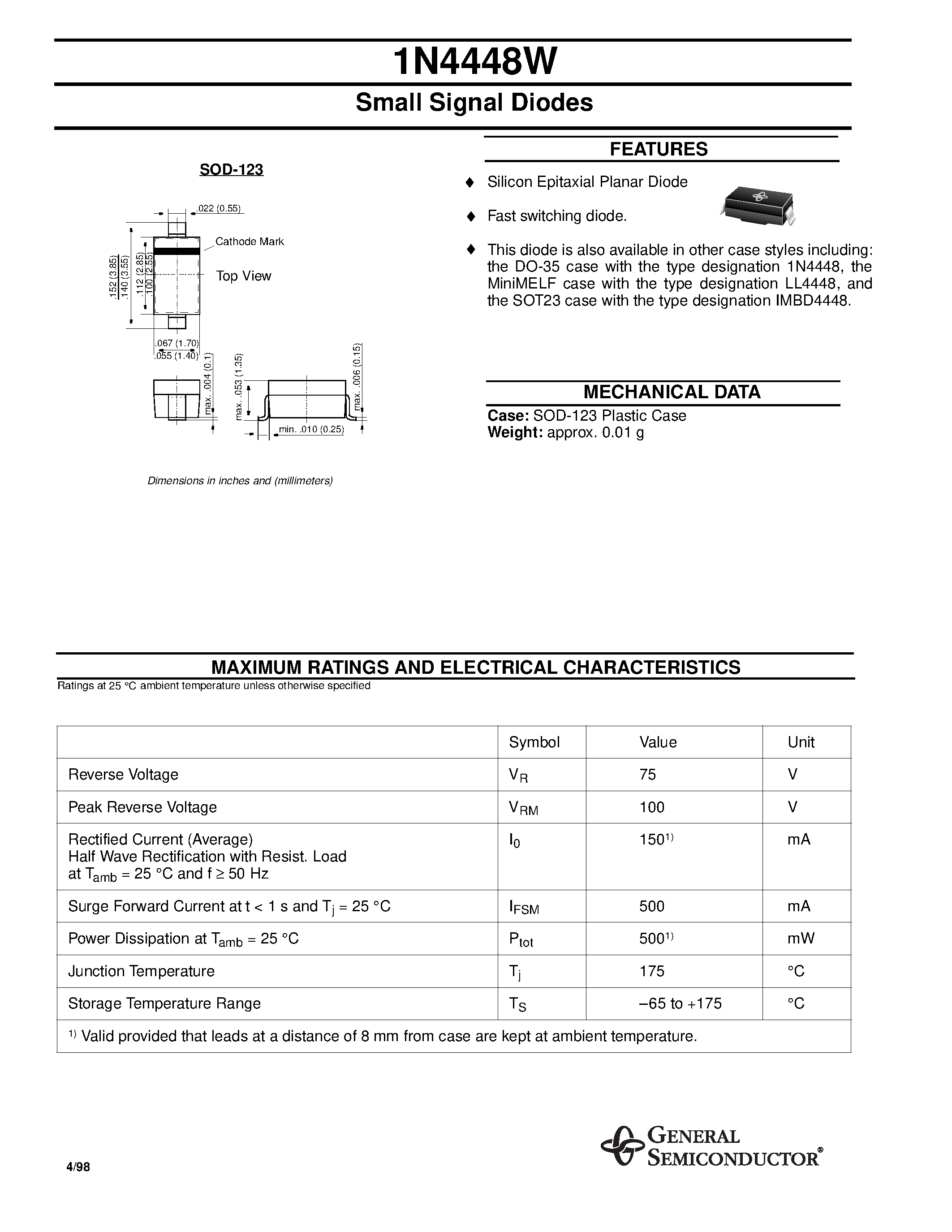 Datasheet 1N4448W - Small Signal Diodes page 1