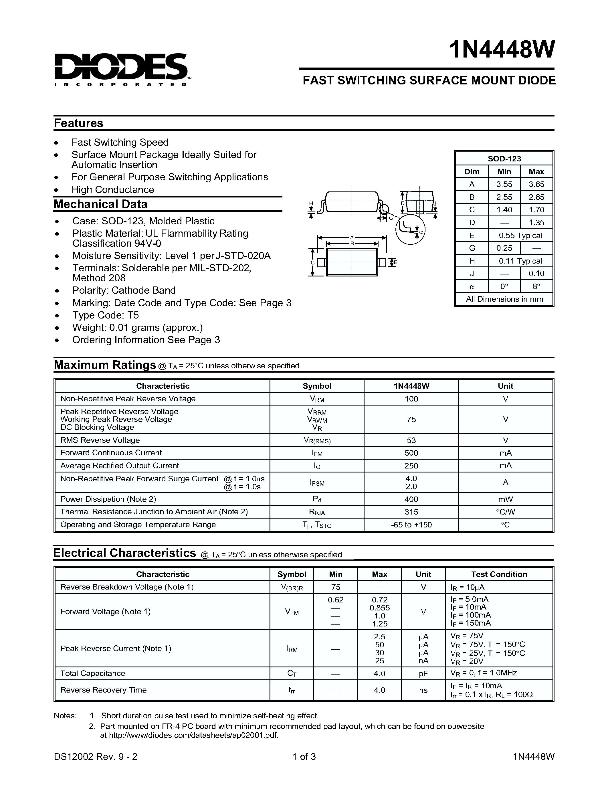 Даташит 1N4448W-7 - FAST SWITCHING SURFACE MOUNT DIODE страница 1
