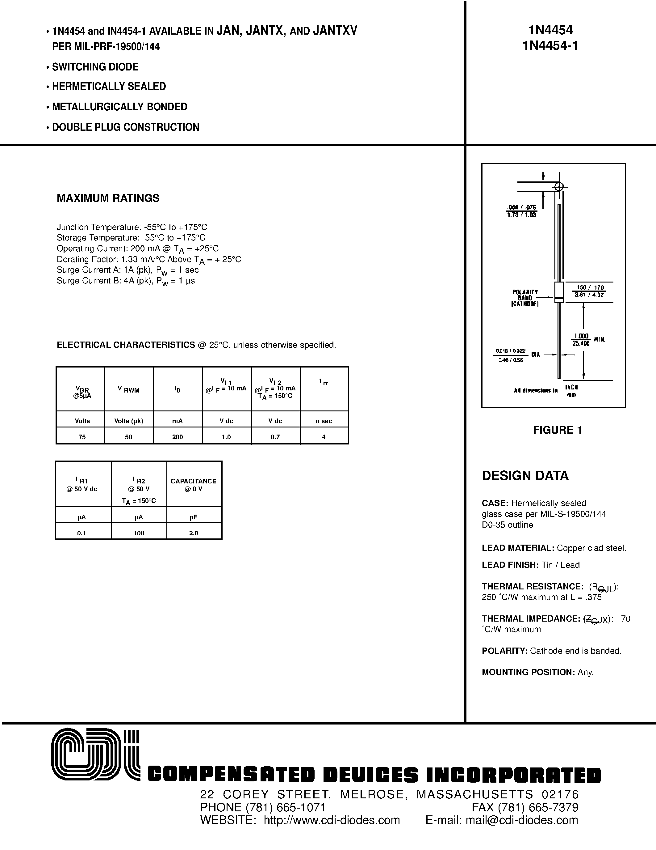 Datasheet 1N4454 - SWITCHING DIODE page 1