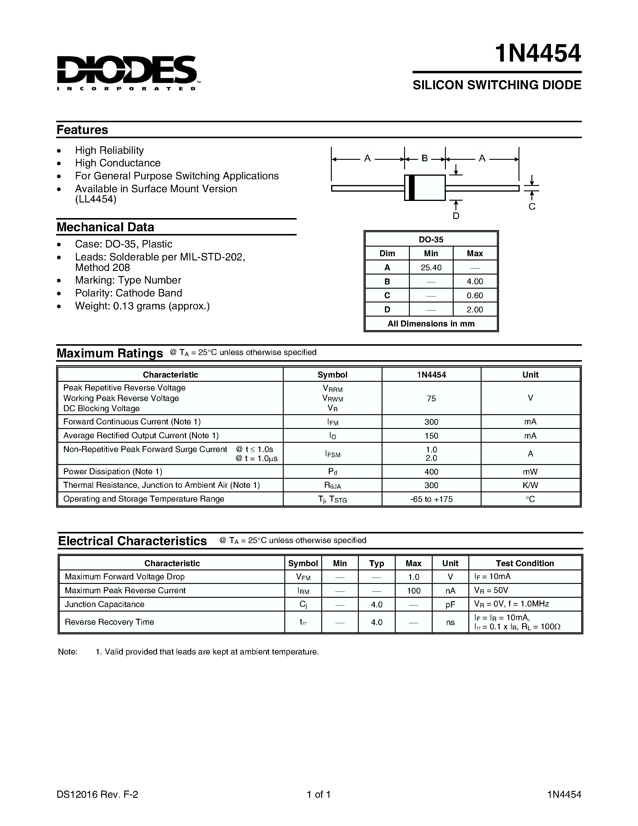 Datasheet 1N4454 - SILICON SWITCHING DIODE page 1