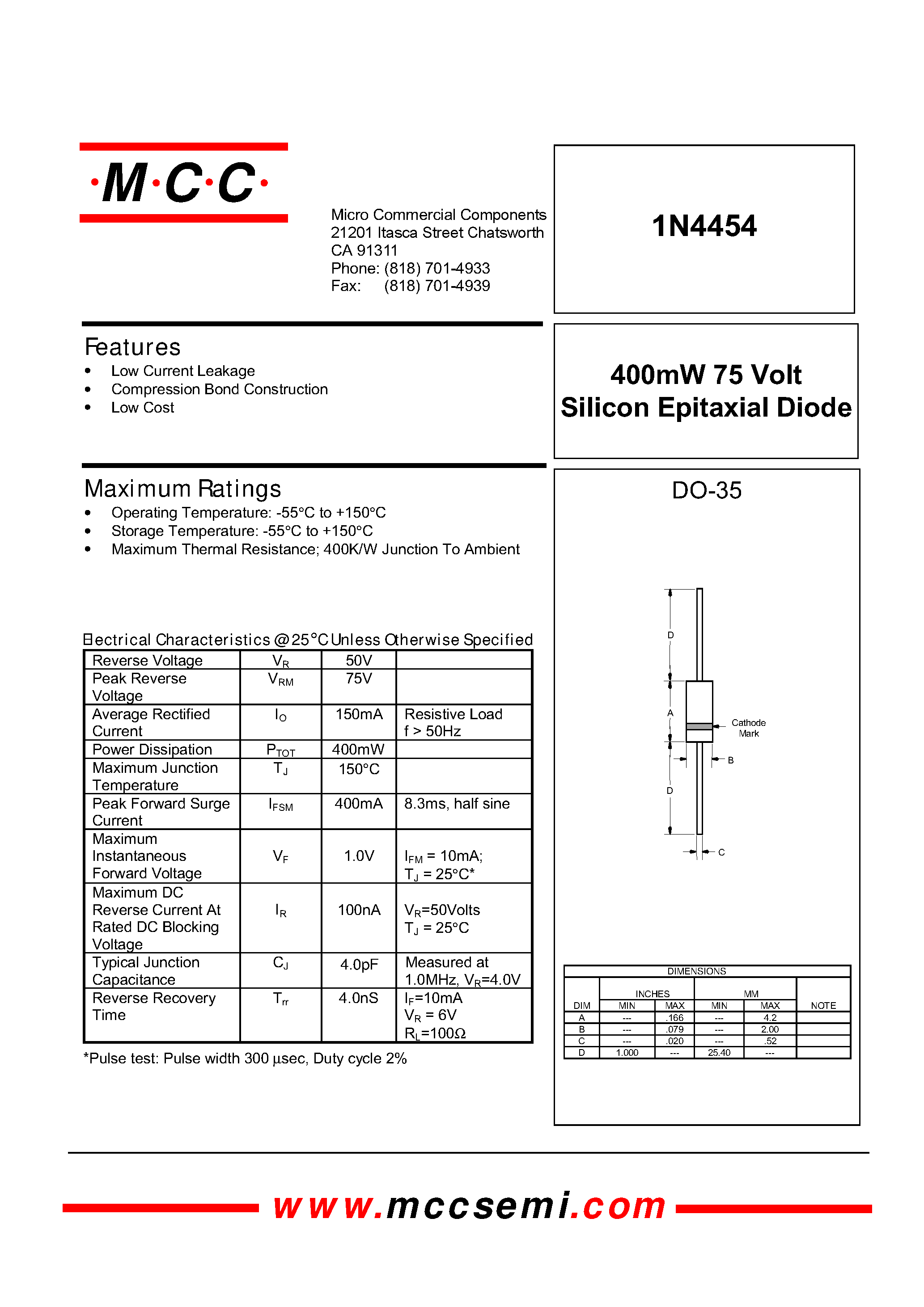 Datasheet 1N4454 - 400mW 75 Volt Silicon Epitaxial Diode page 1