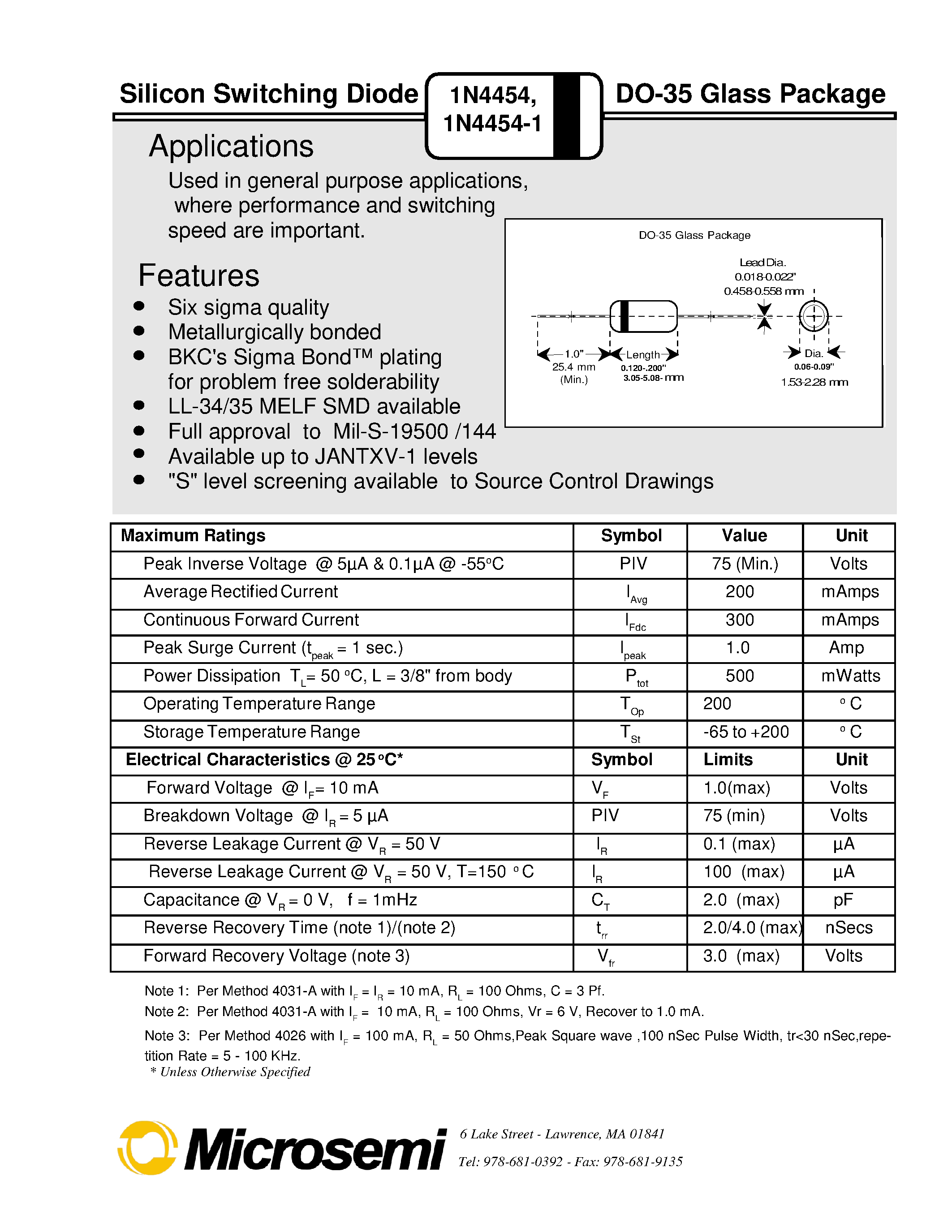 Datasheet 1N4454 - COMPUTER DIODE Switching page 1