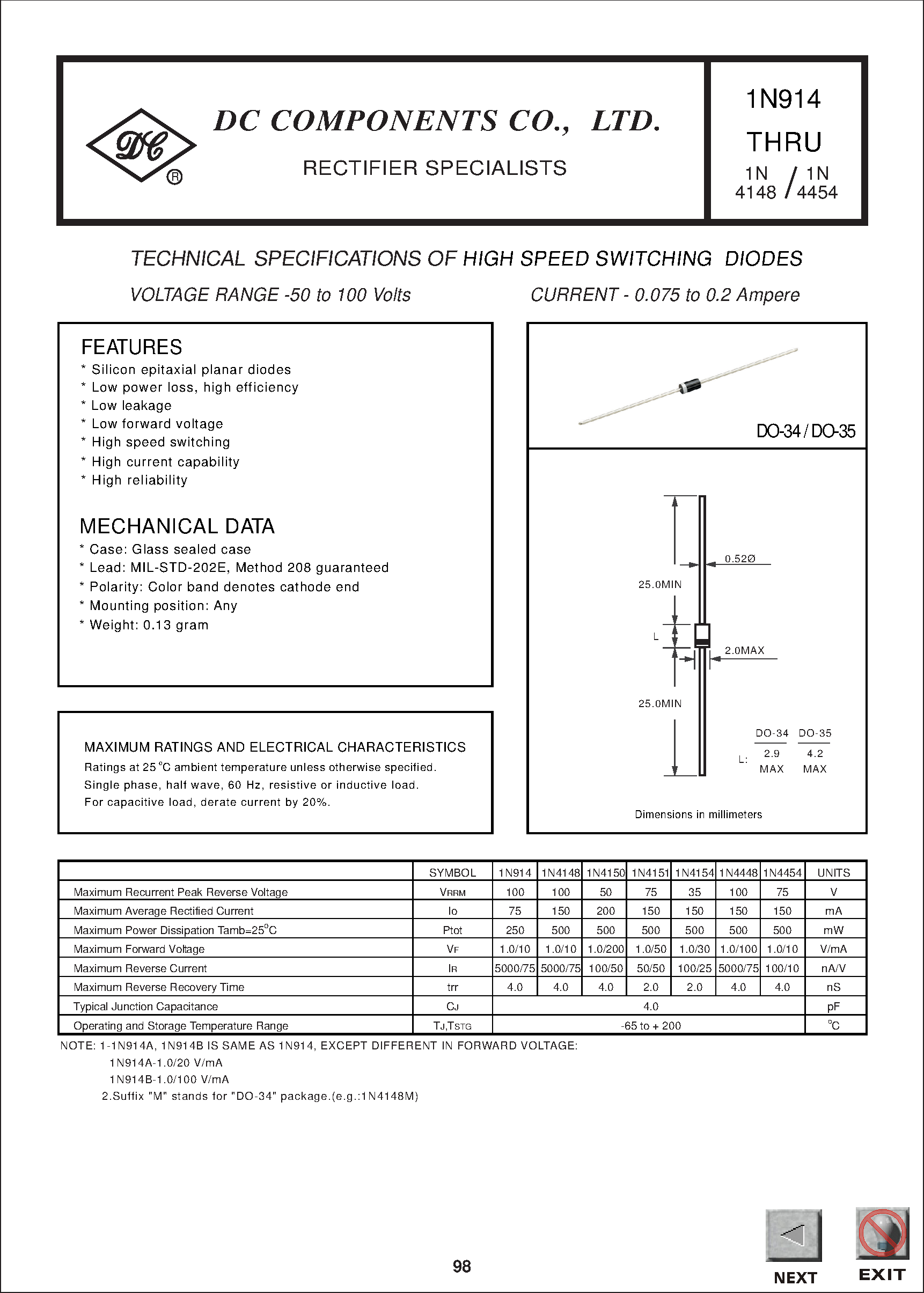 Datasheet 1N4454 - TECHNICAL SPECIFICATIONS OF HIGH SPEED SWITCHING DIODES page 1