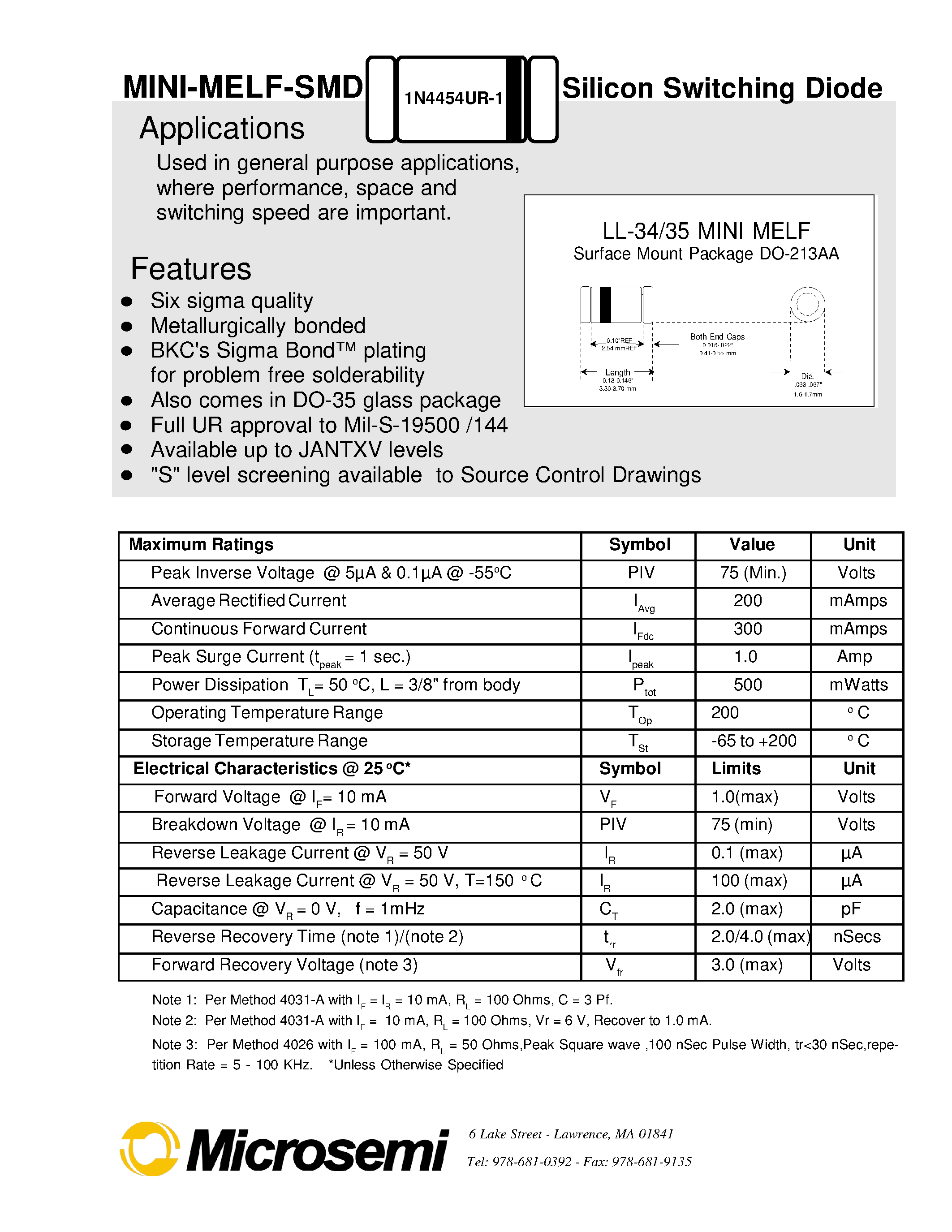 Datasheet 1N4454UR-1 - MINI-MELF-SMD Silicon Swithching Diode page 1