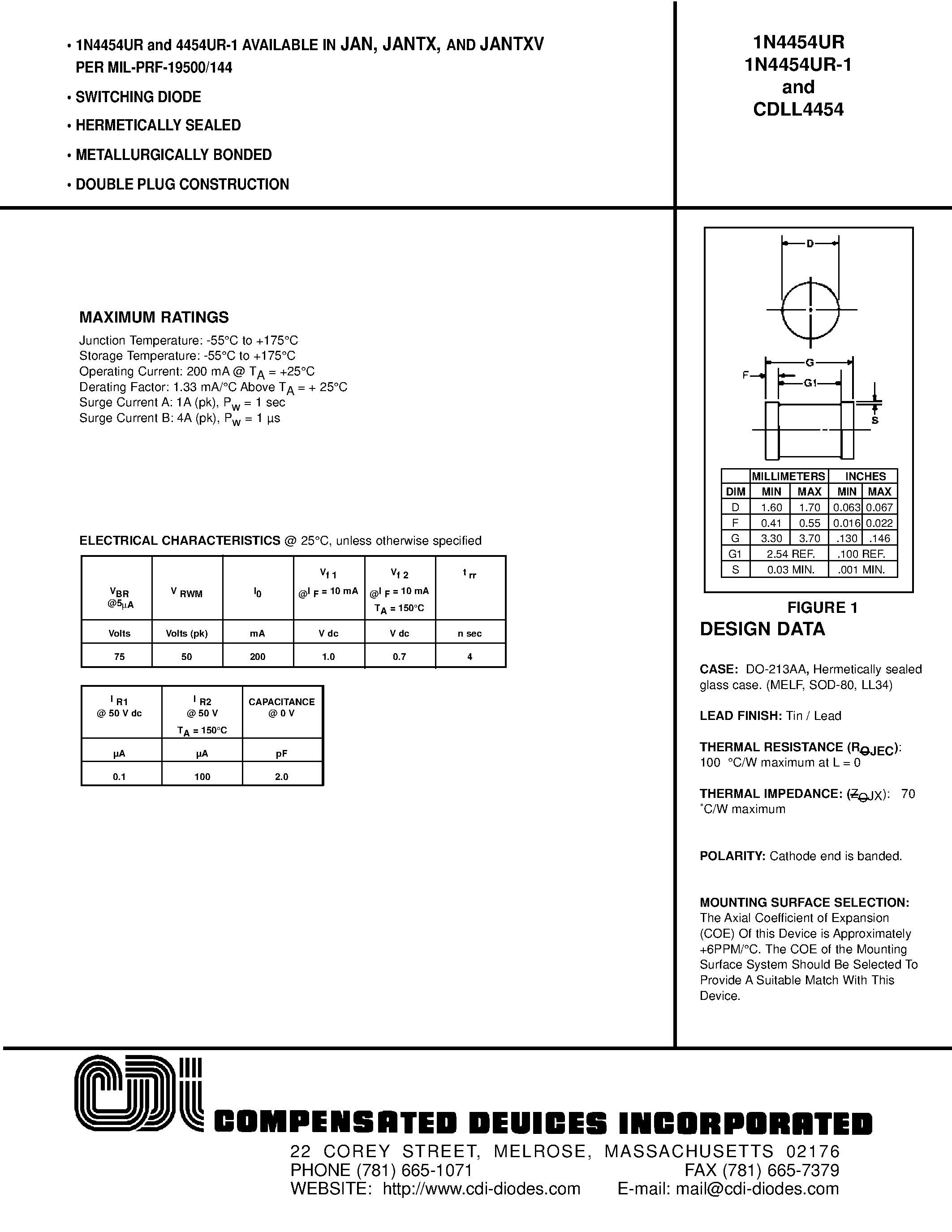 Datasheet 1N4454UR-1 - SWITCHING DIODE page 1
