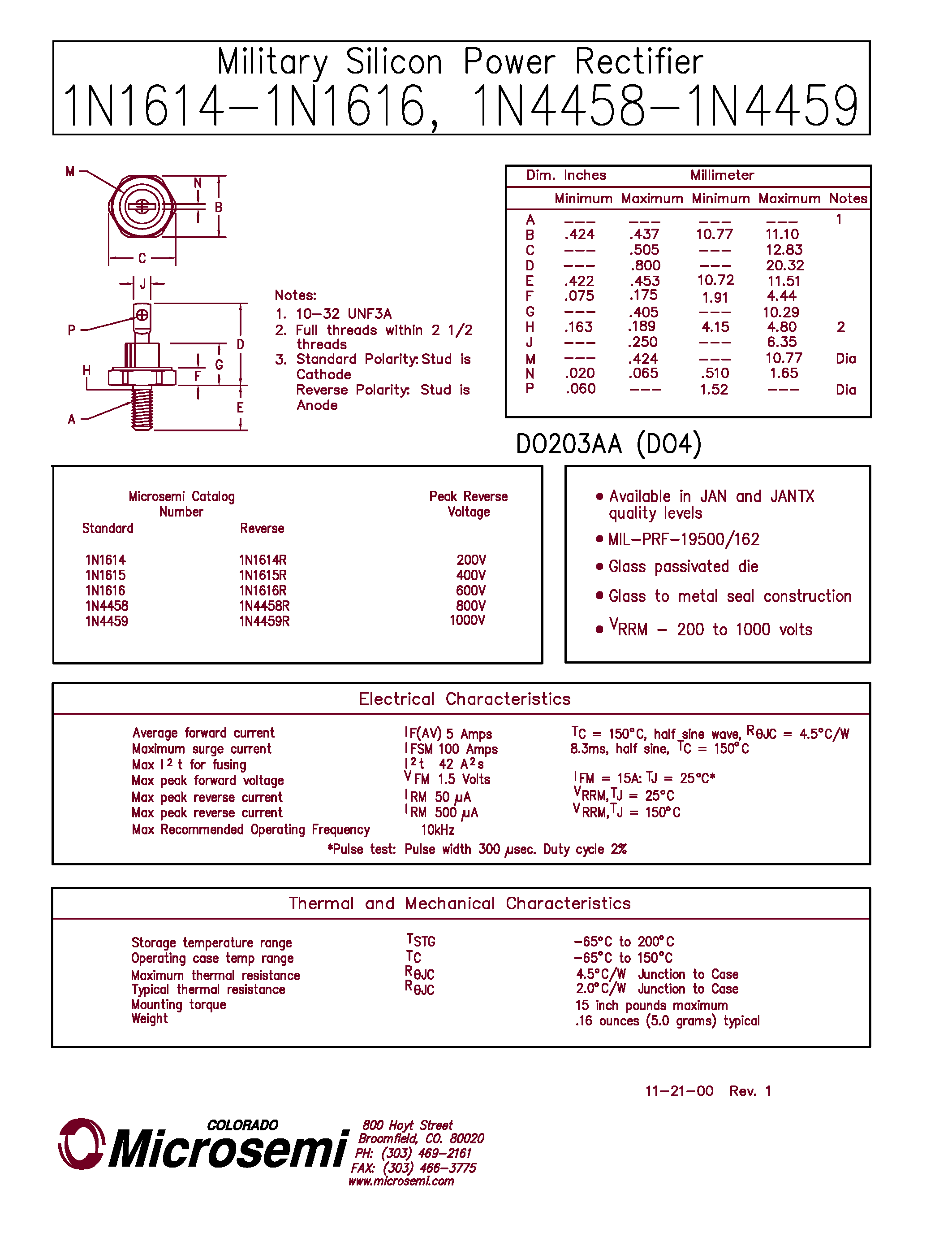 Datasheet 1N4458 - Military Silicon Power Rectifier page 1